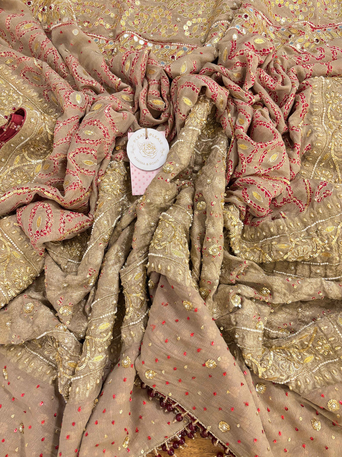 Muddy Gold Pure Georgette Bandhej Centre Boota Zardozi Dupatta