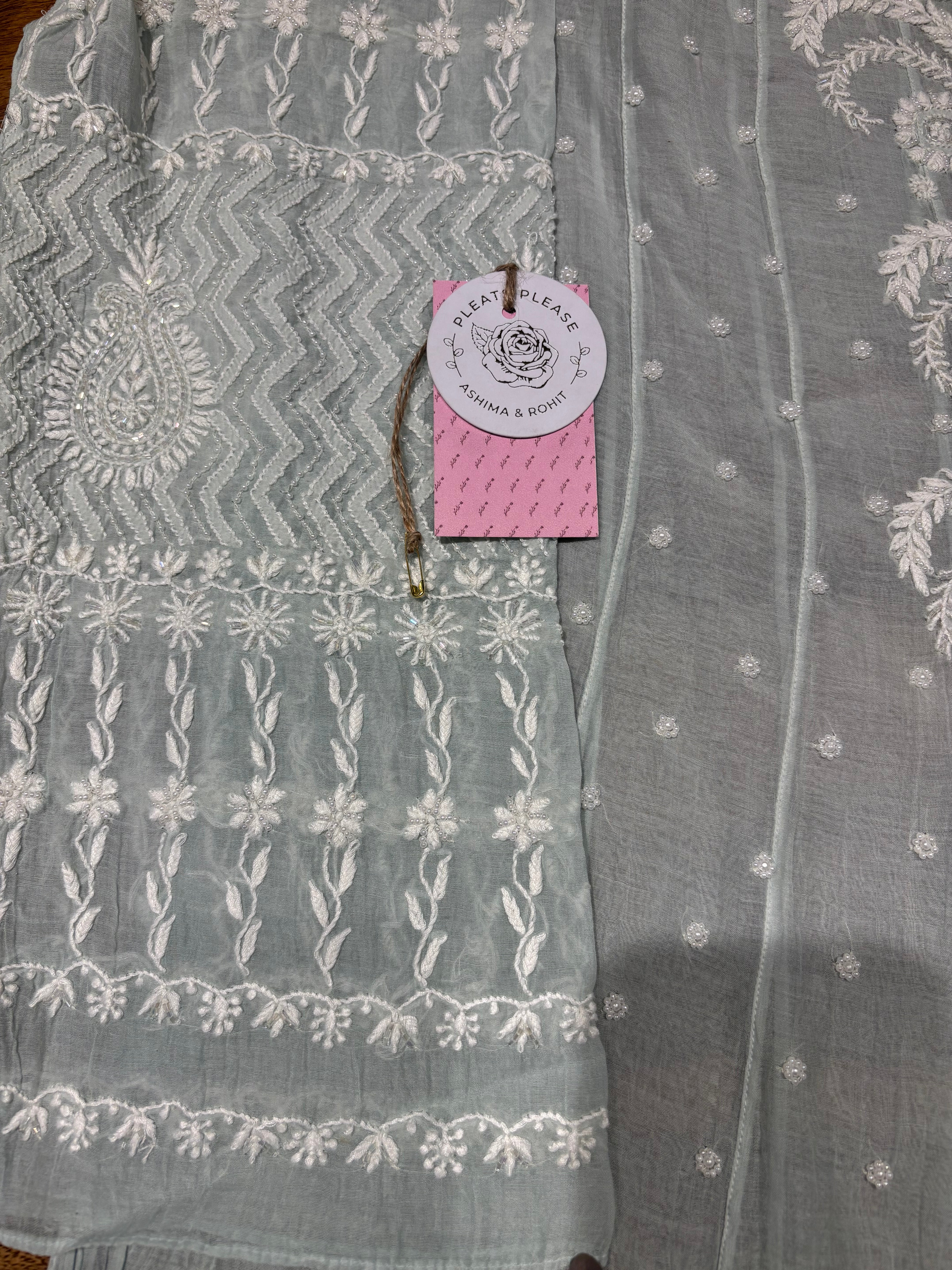 Sea Foam Ombre Chanderi Mul Chikankari Anarkali & Dupatta Set