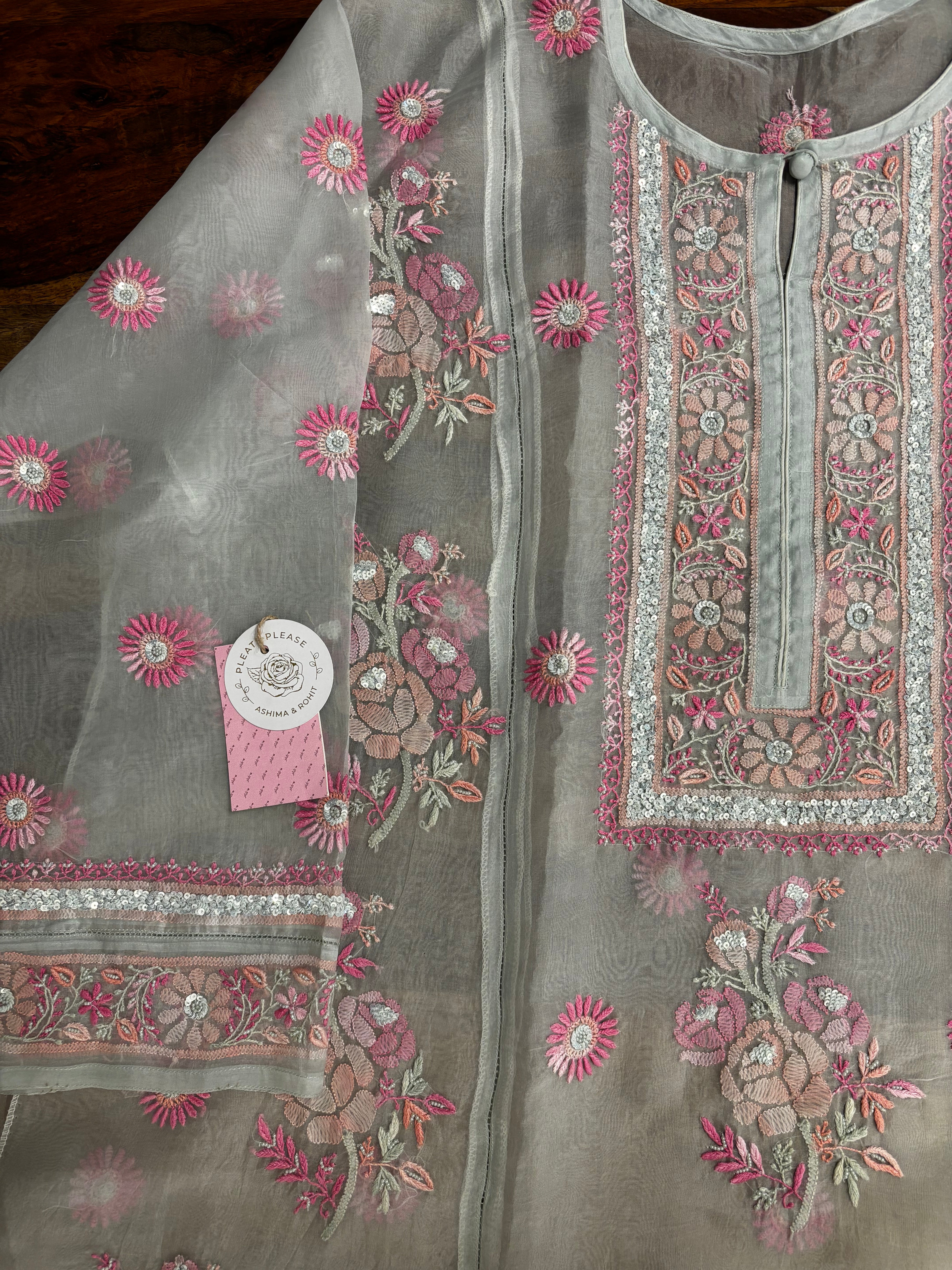 Mint Green Pure Organza Chikankari Kurta & Dupatta - Pleats PleaseChikankari
