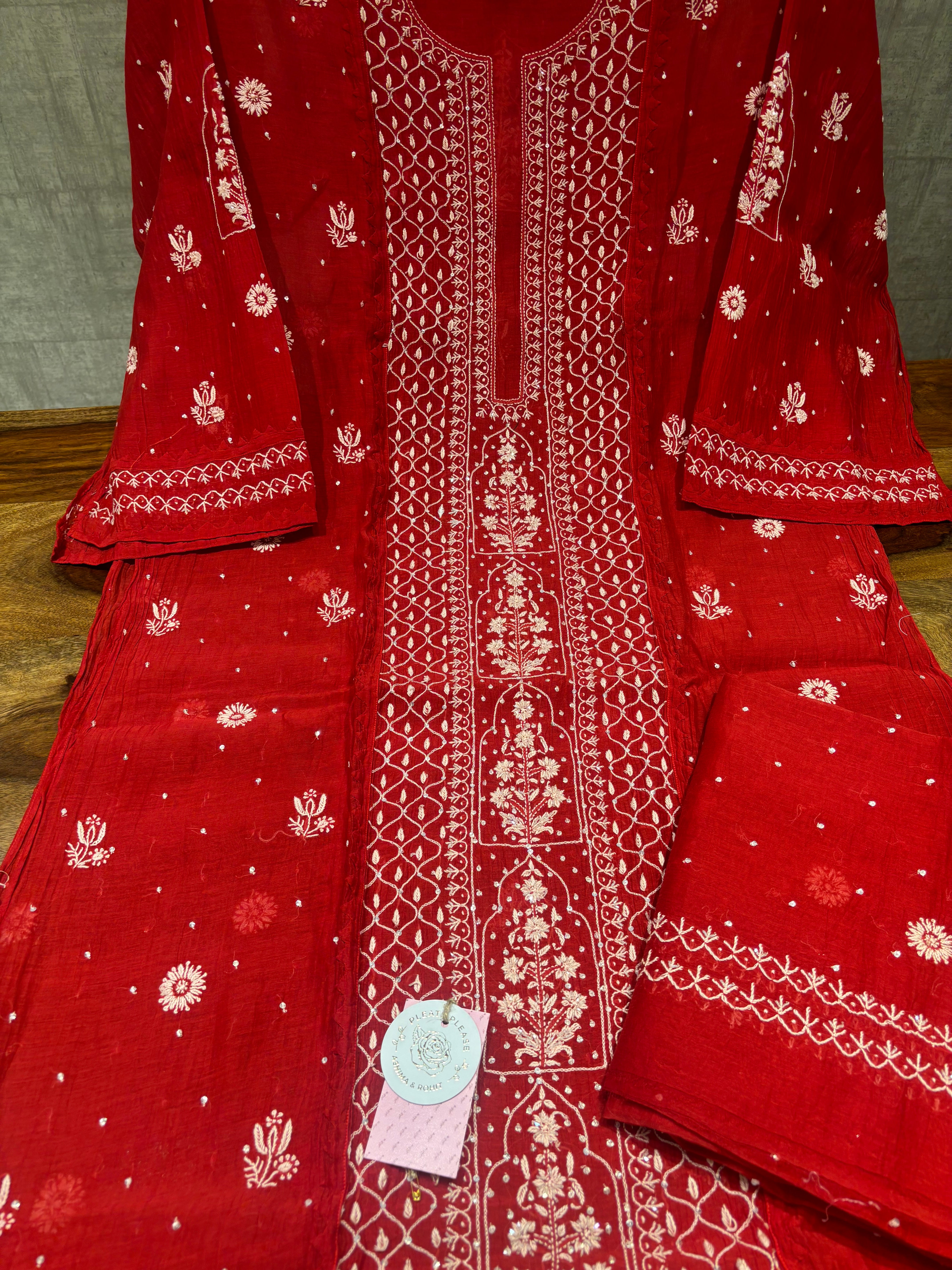 Red Chanderi Mul Chikankari Kurta and Dupatta Set