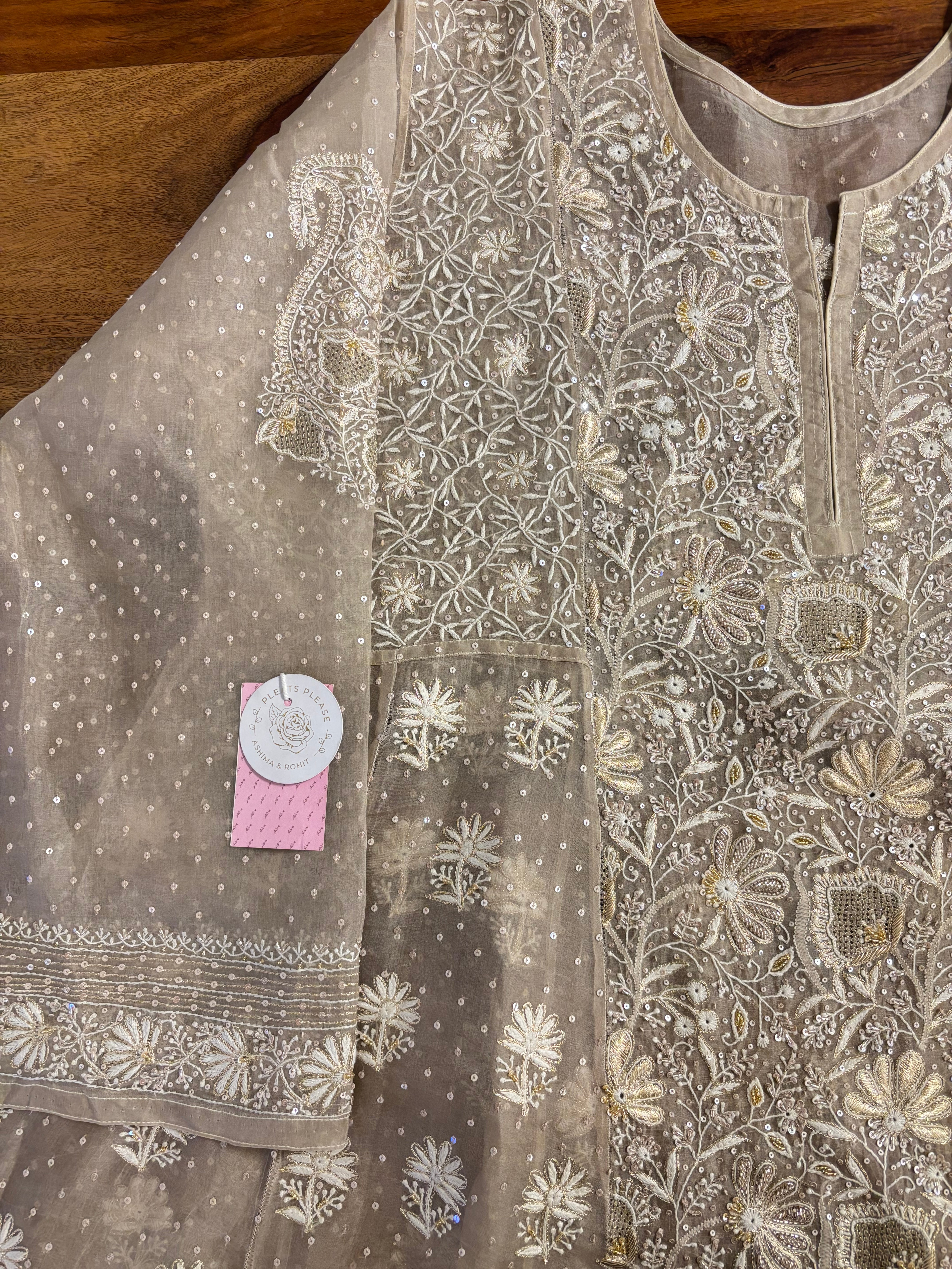 Deep Sand Organza Chikankari Anarkali & Dupatta Set - Pleats PleaseChikankari