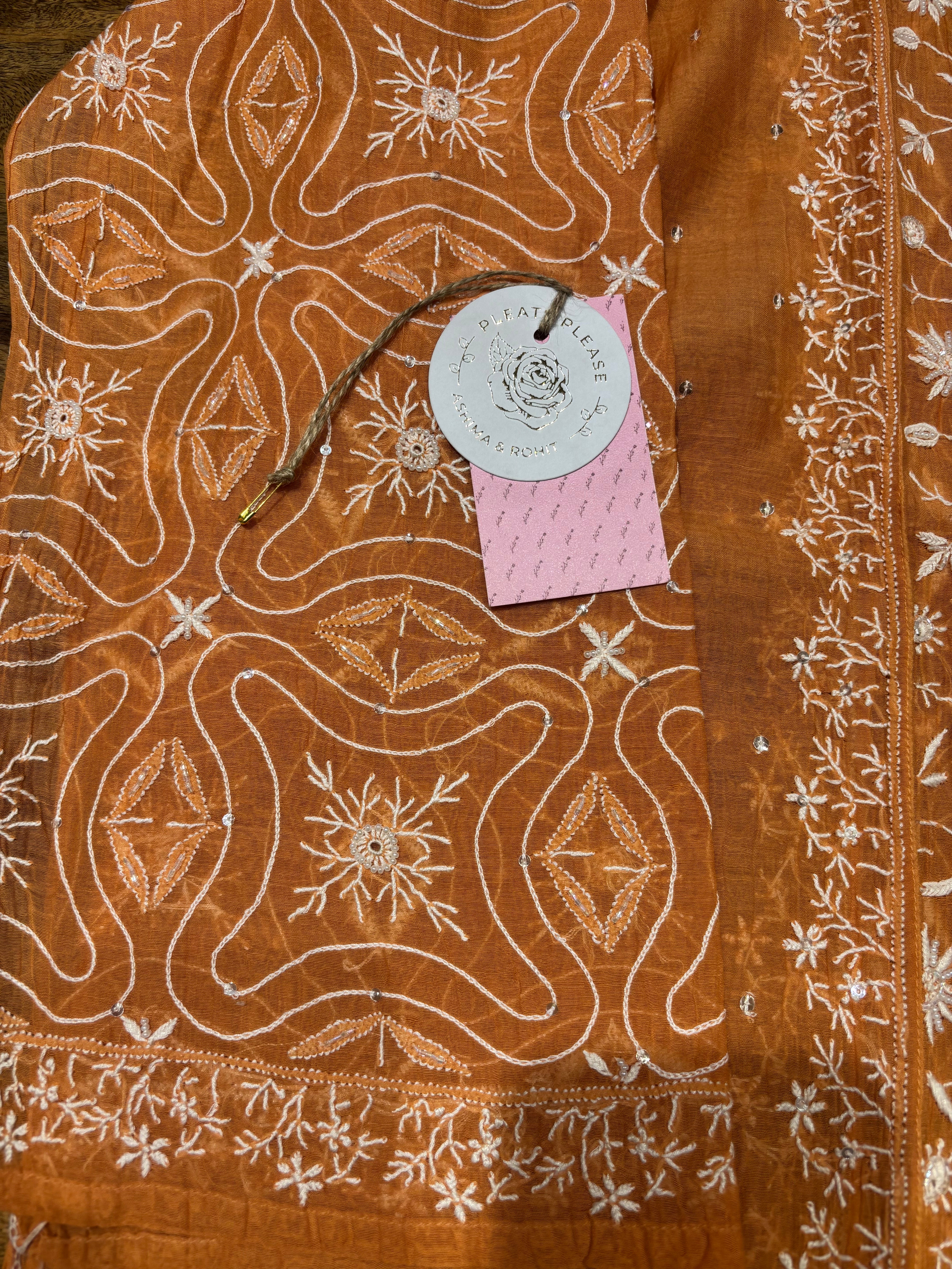 Orange Chanderi Mul Chikankari Kurta & Dupatta Set