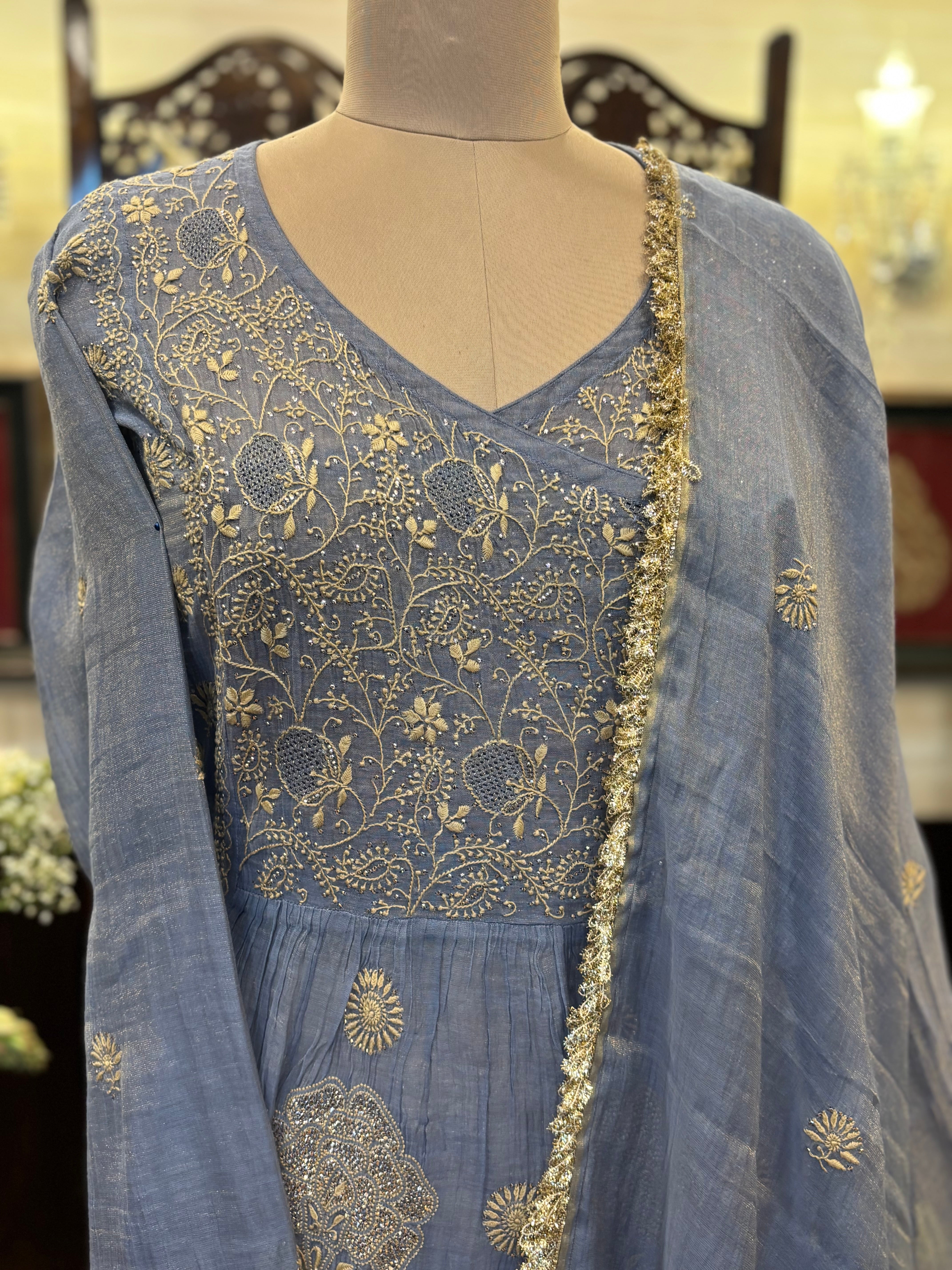Blue Pure and Premium Tissue Chikankari & Mukaish Angrakha Kurta and Dupatta Set - Pleats PleaseChikankari