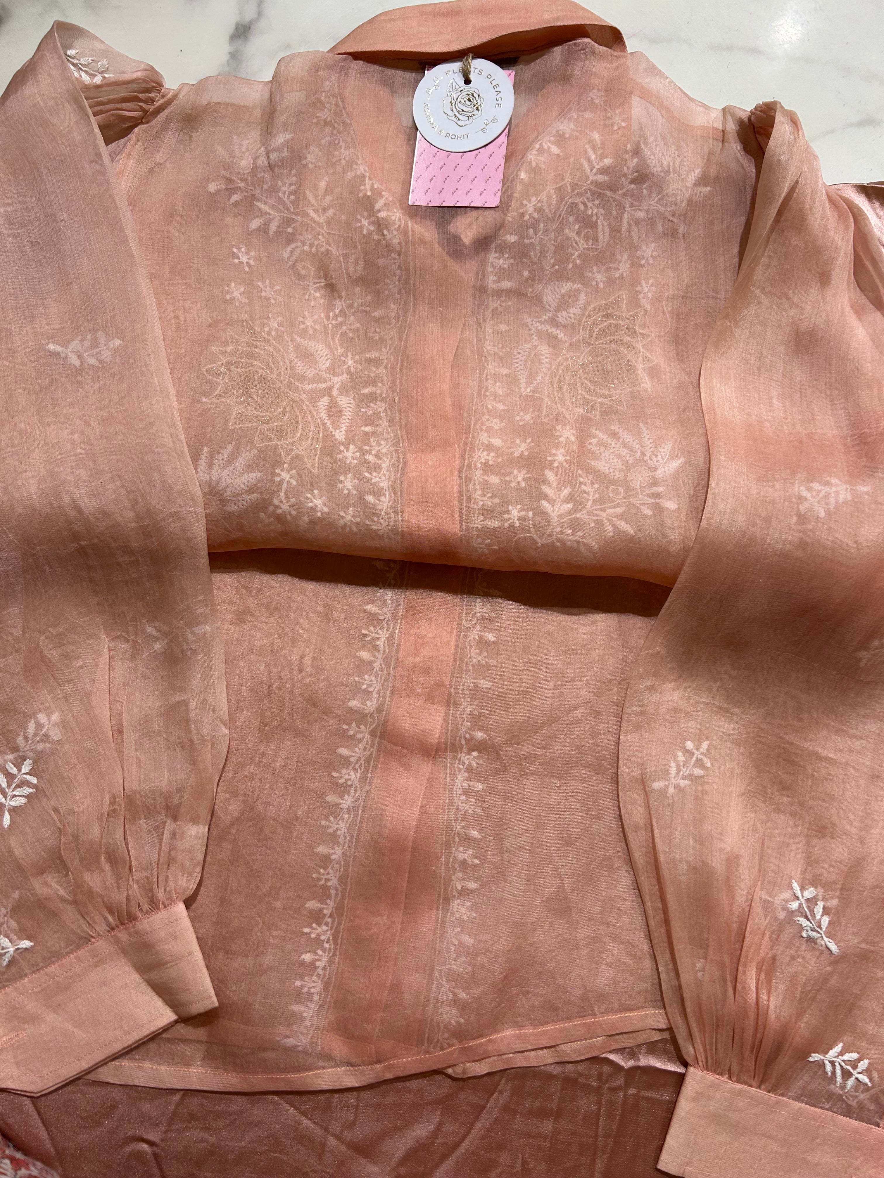 Peach Pure Organza Chikankari Shirt - Pleats PleaseChikankari