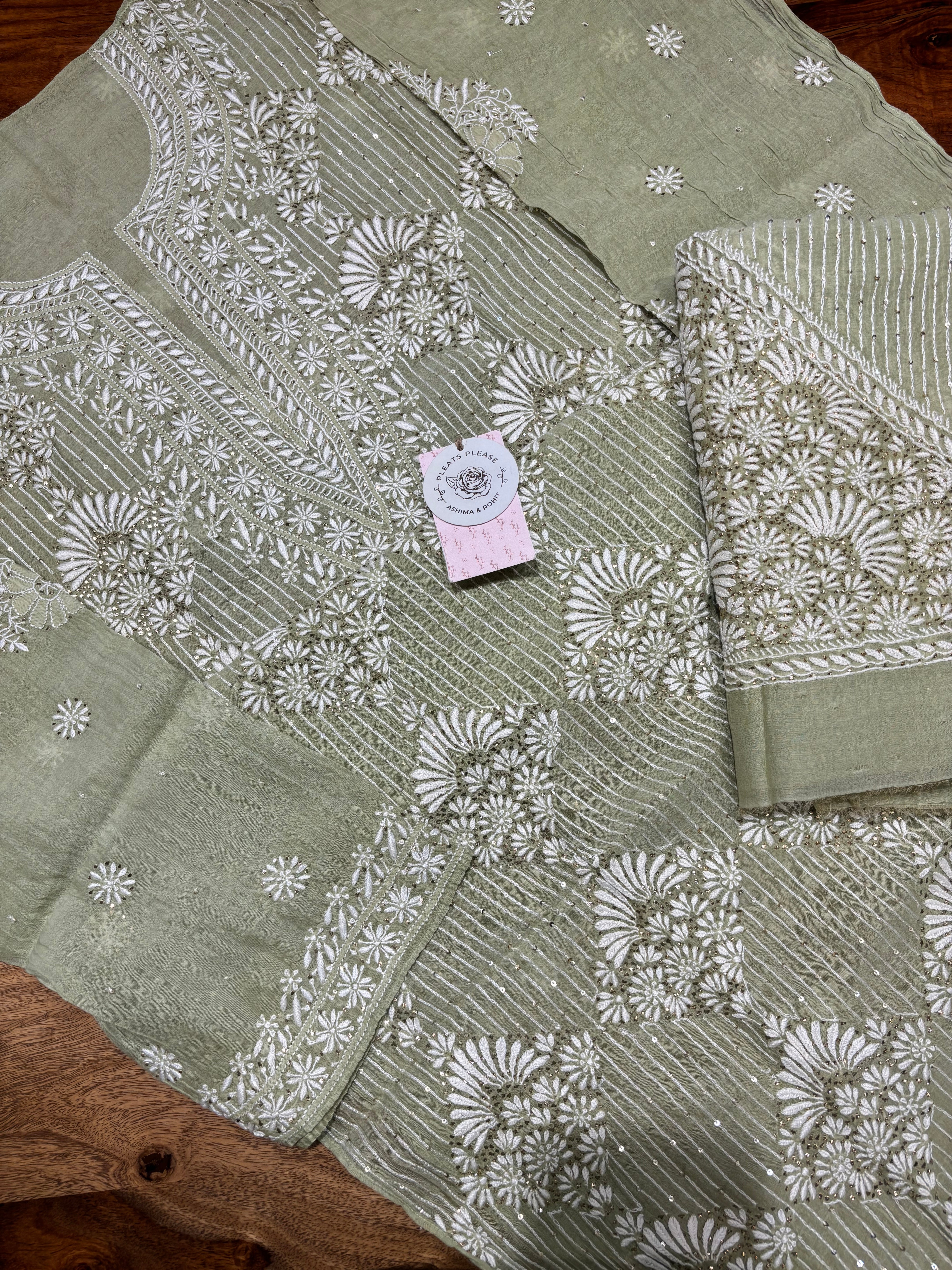 Green Chanderi Mul Chikankari & Mukaish Kurta & Dupatta Set