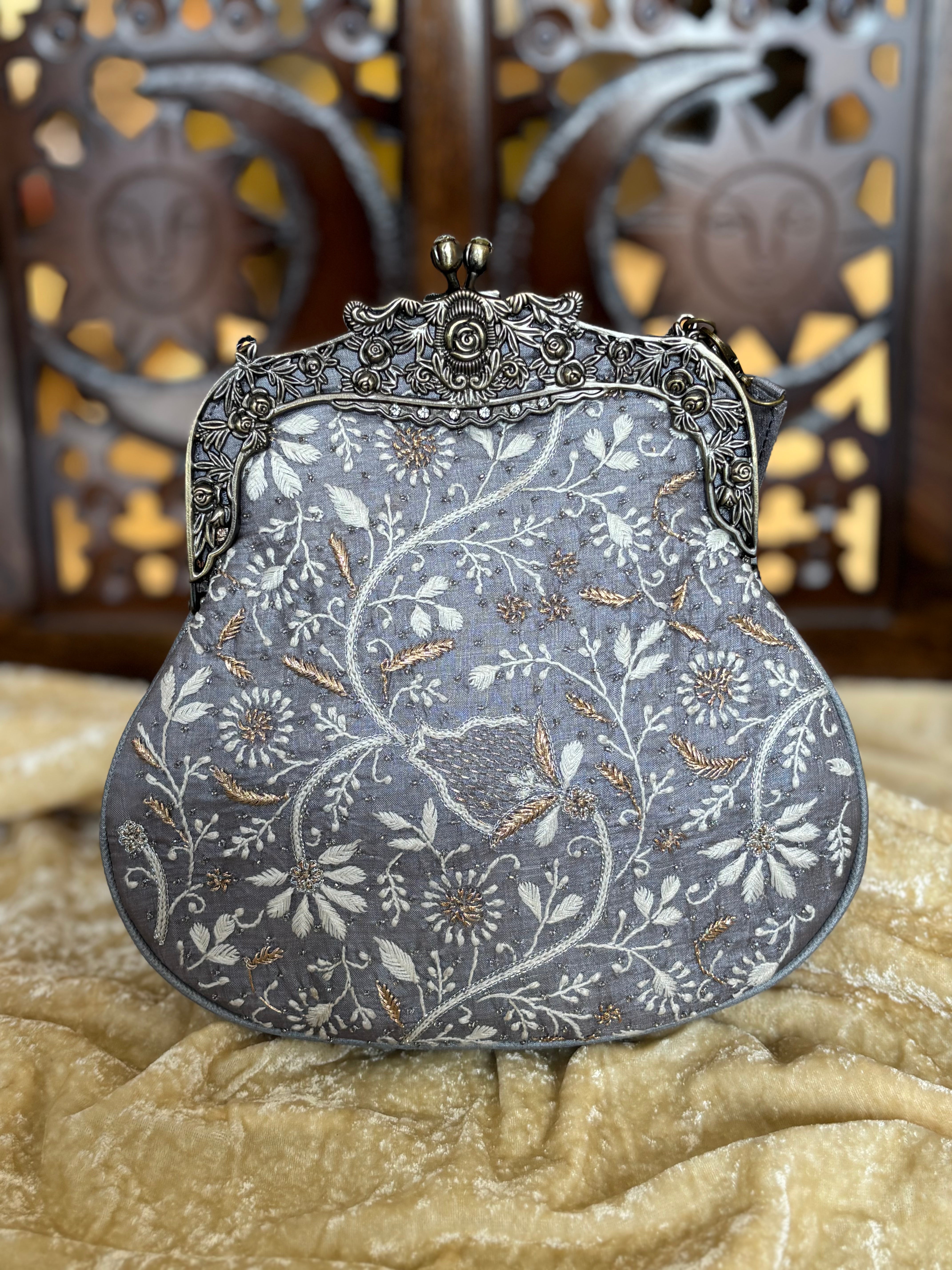 Greyish Blue Chikankari Clutch Bag