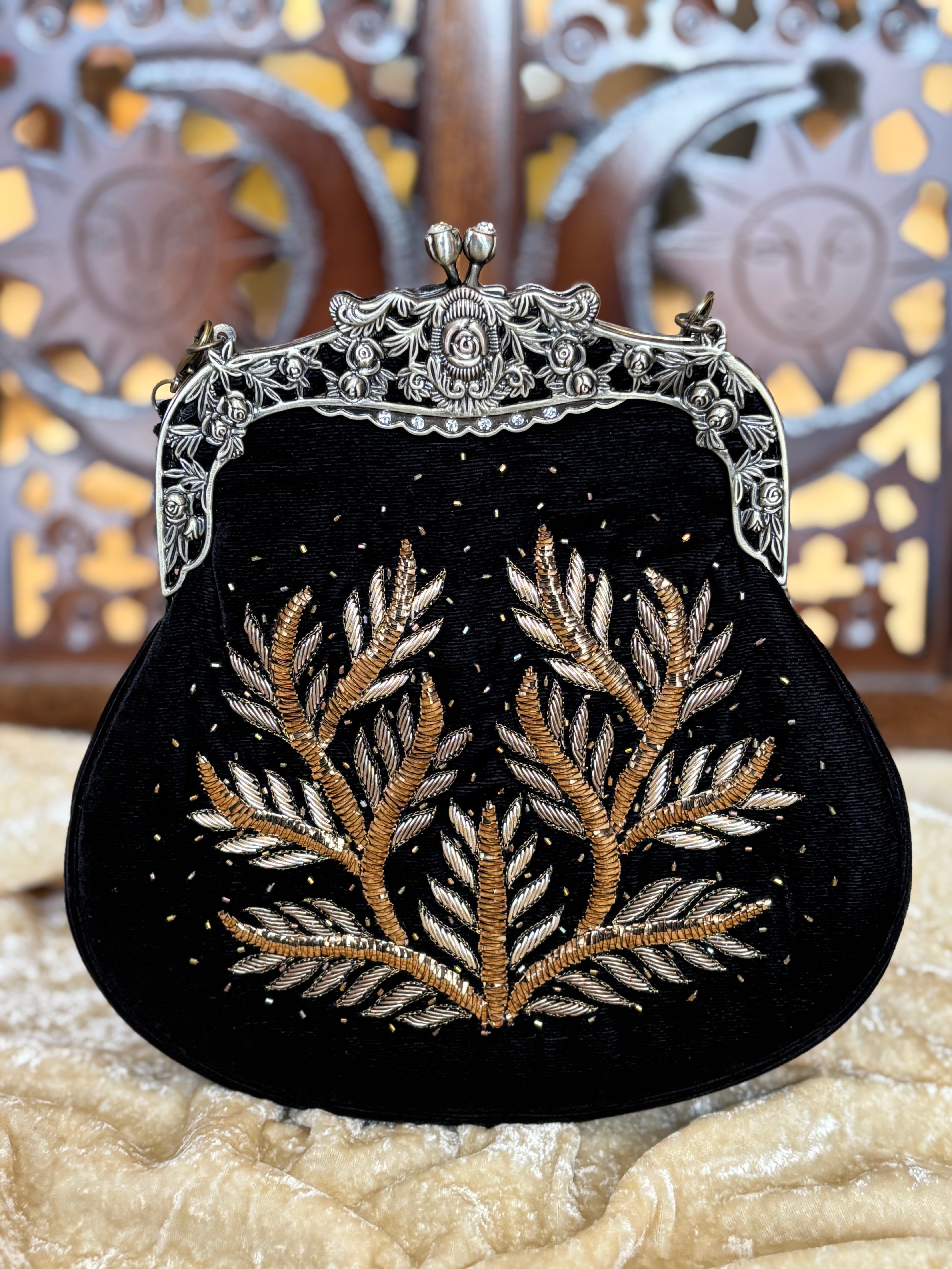 Black Velvet Zardozi & Mukaish Clutch Bag
