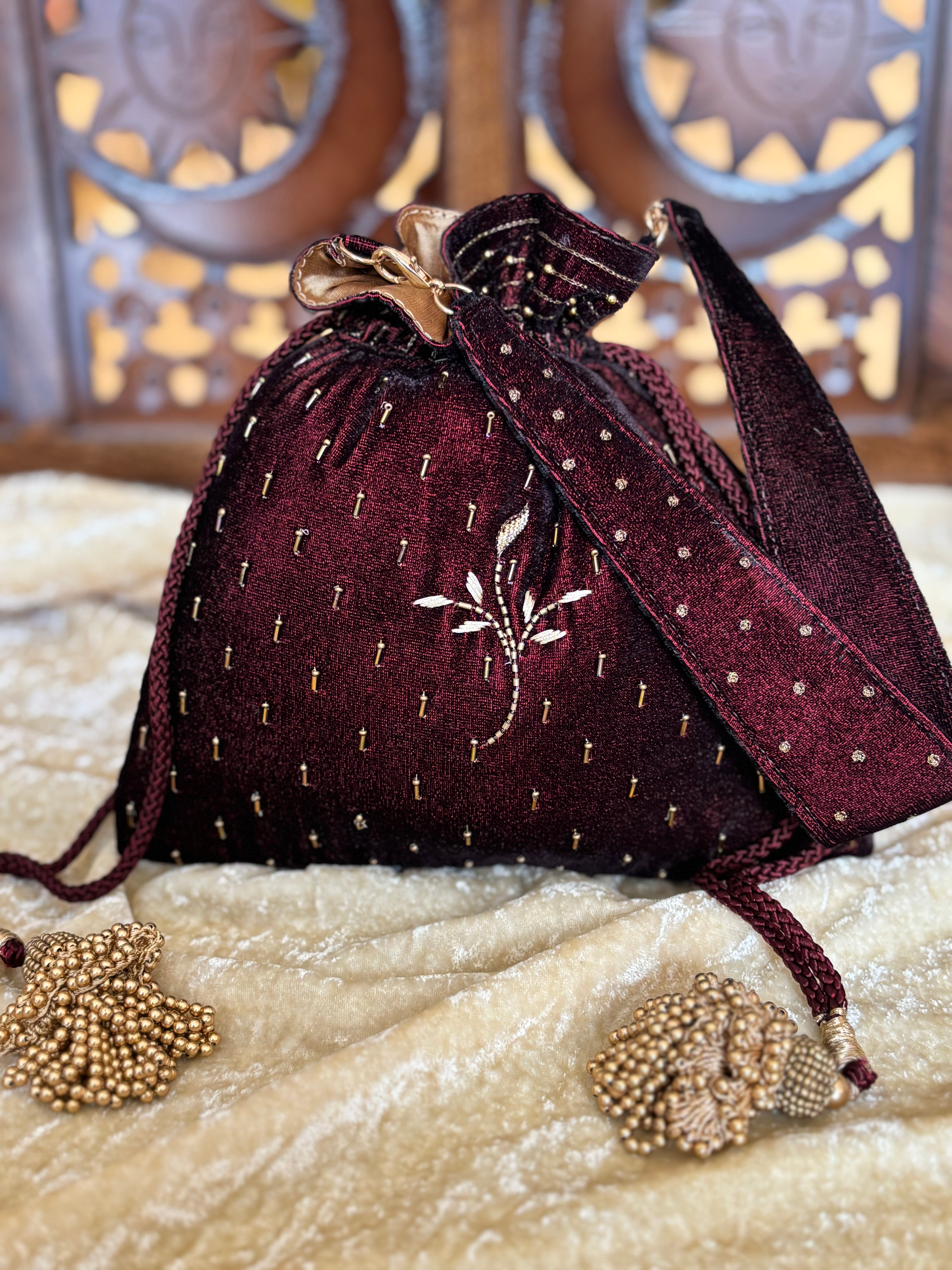 Maroon Velvet Zardozi & Mukaish Potli