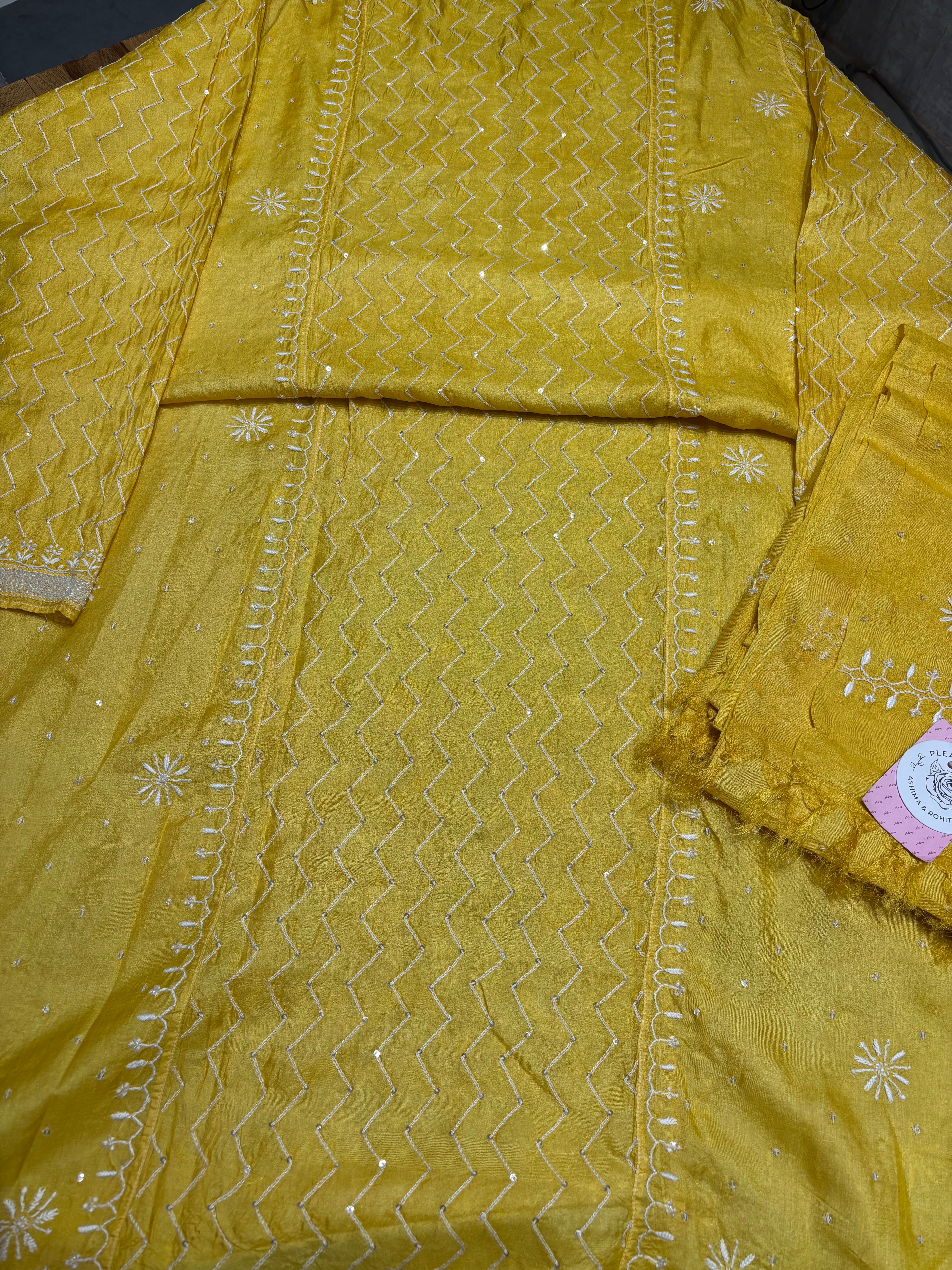 Yellow Pure Silk Chikankari Kurta & Dupatta