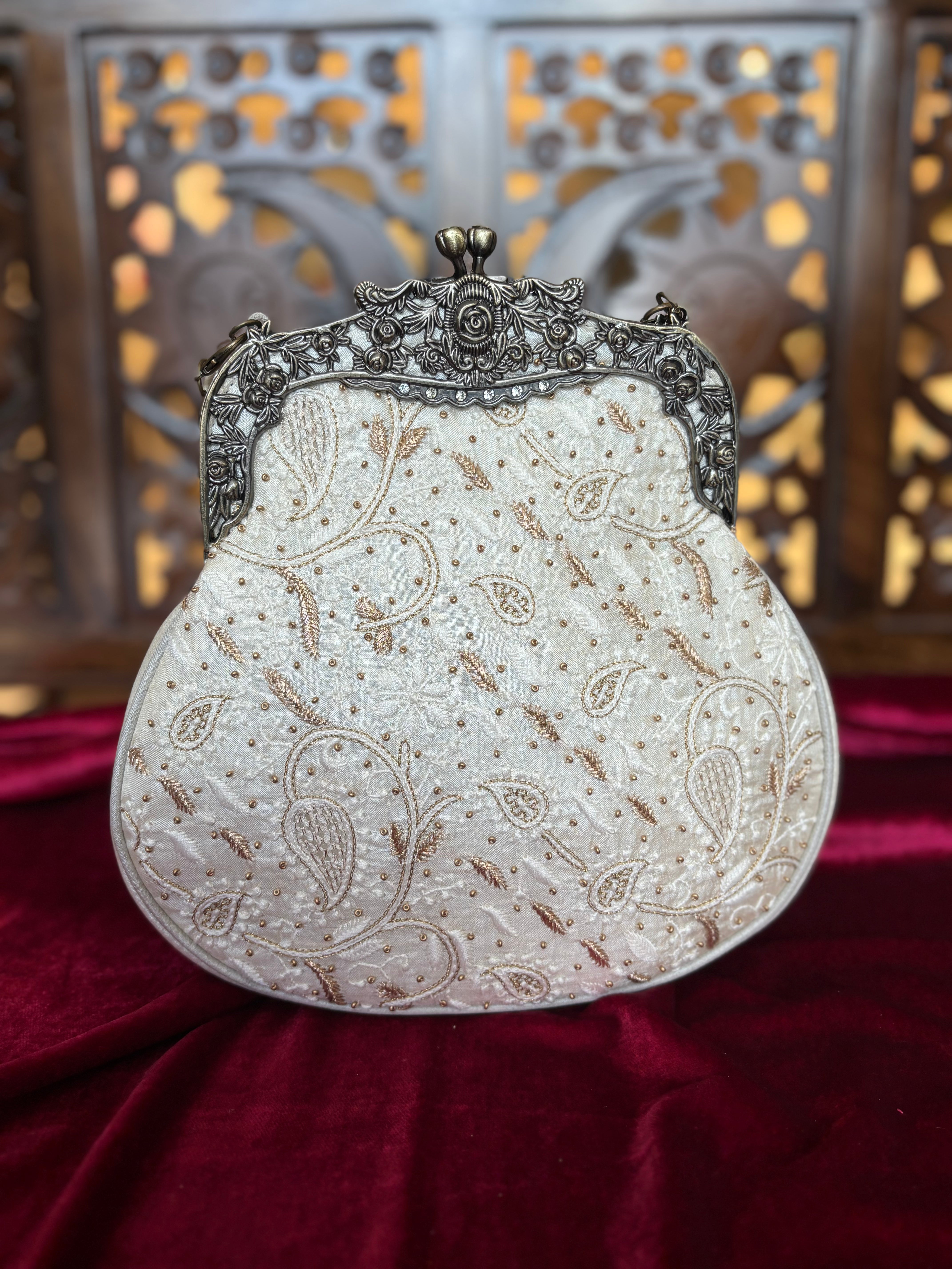 Ivory Chikankari Clutch Bag