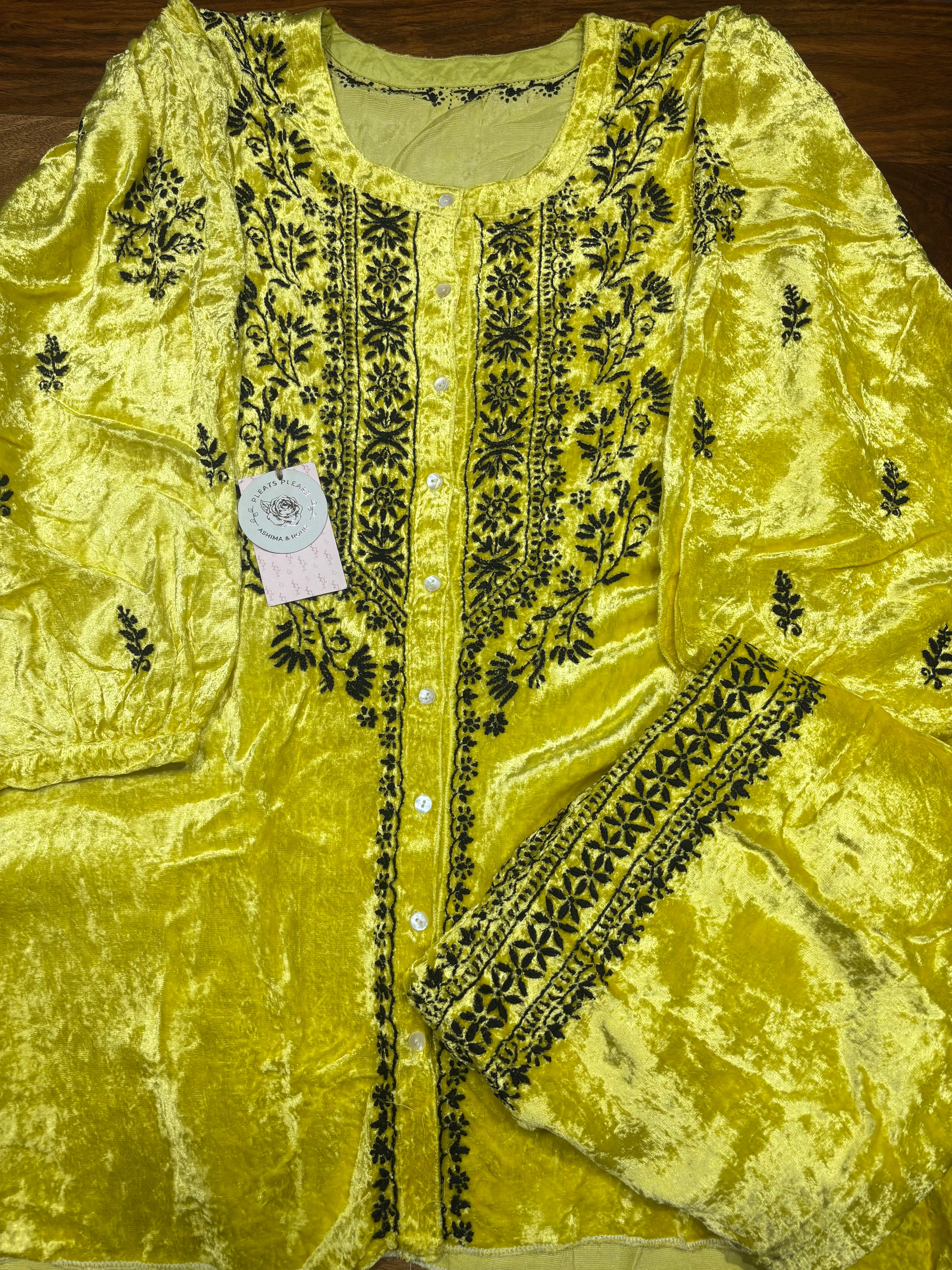 Lemon Yellow Velvet Chikankari Co-ord Set