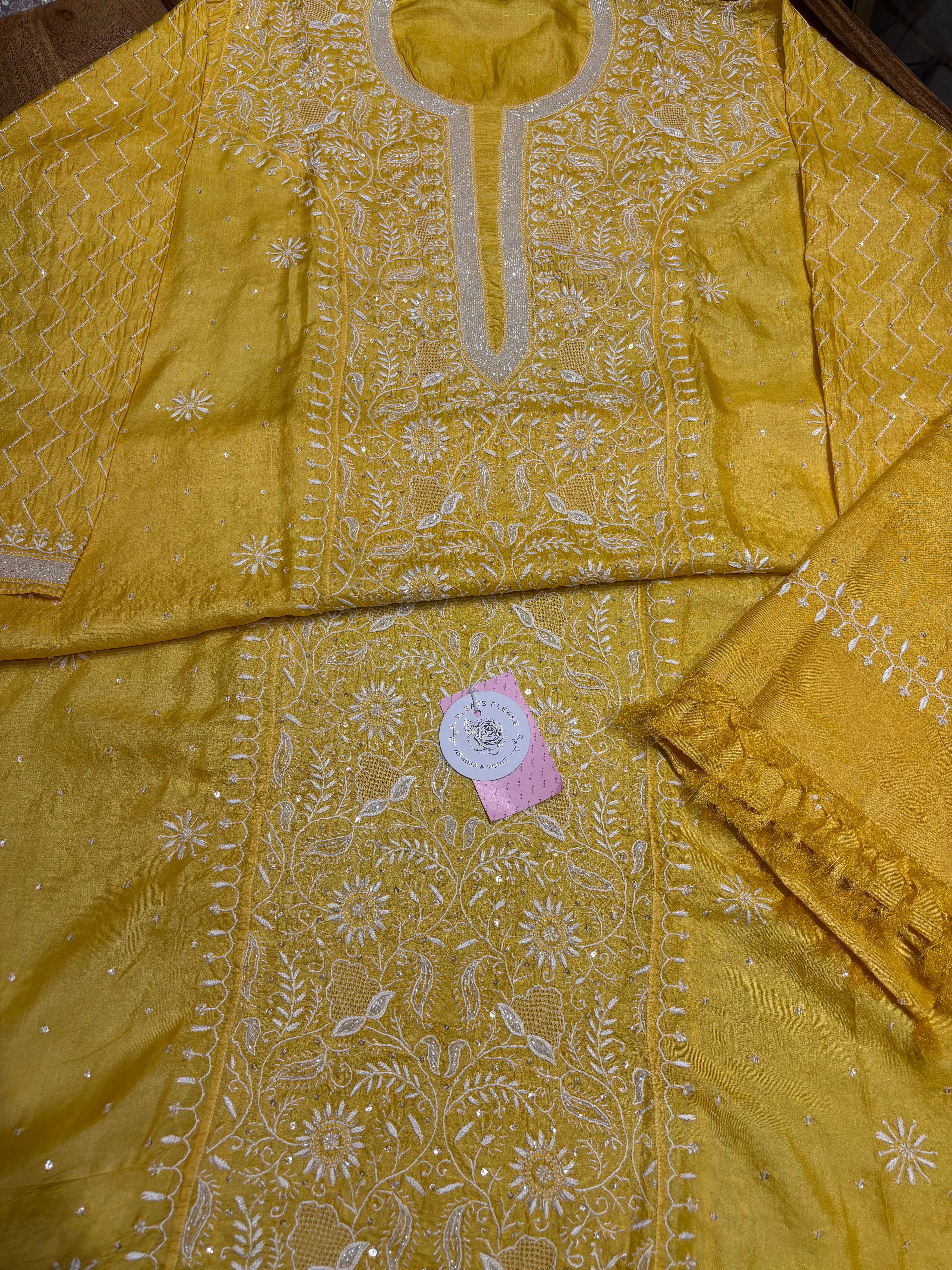 Yellow Pure Silk Chikankari Kurta & Dupatta