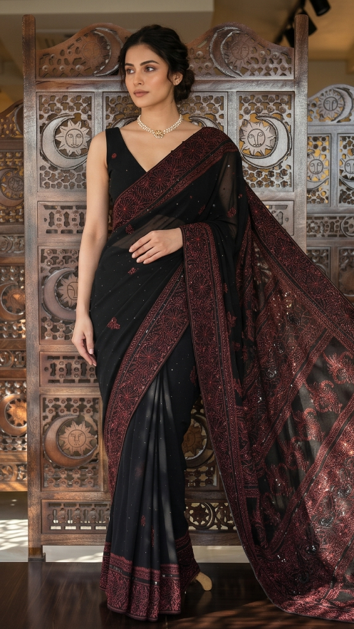 Black Pure & Premium Georgette Chikankari Saree
