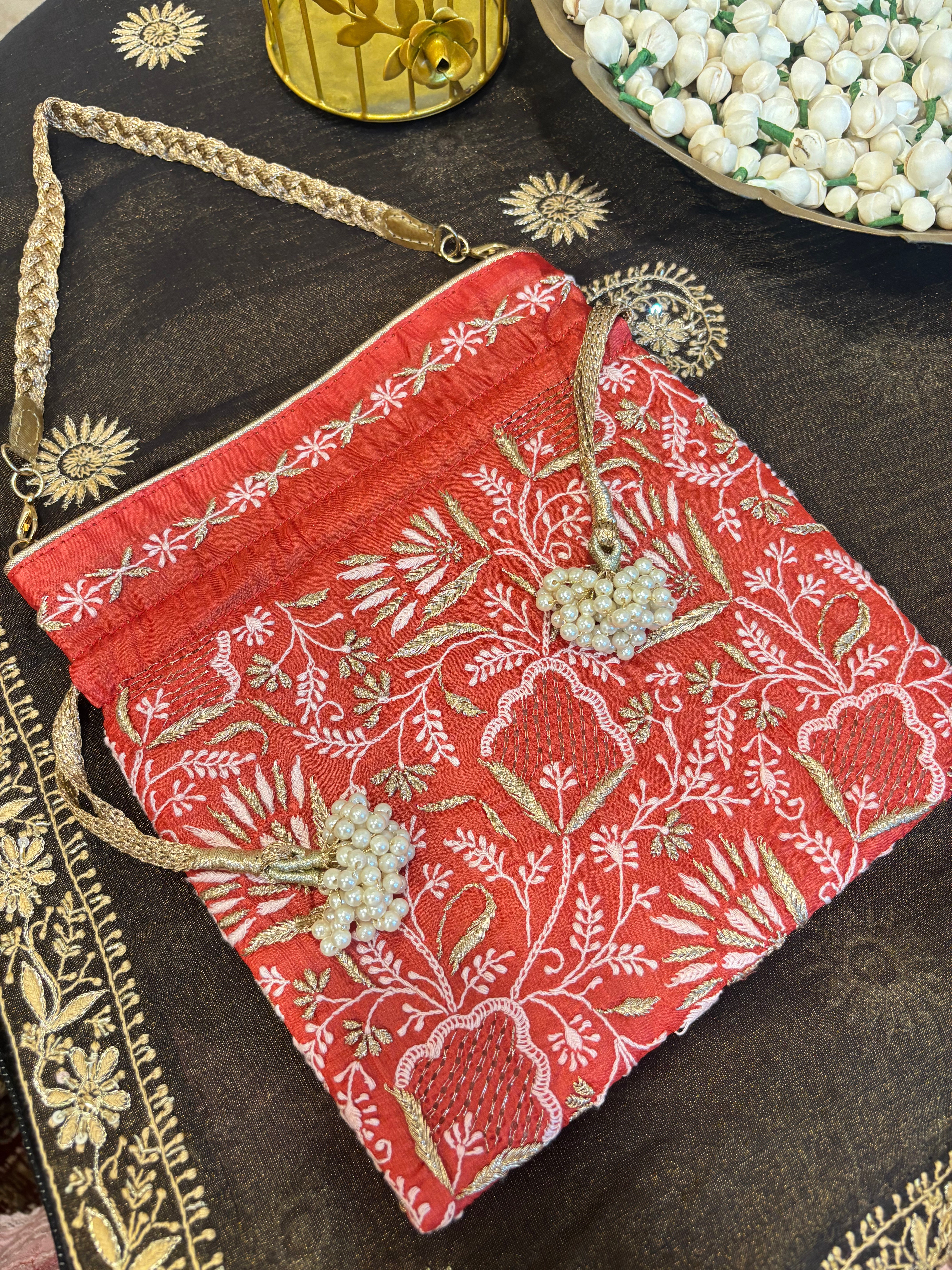 Crimson Red Chikankari Potli