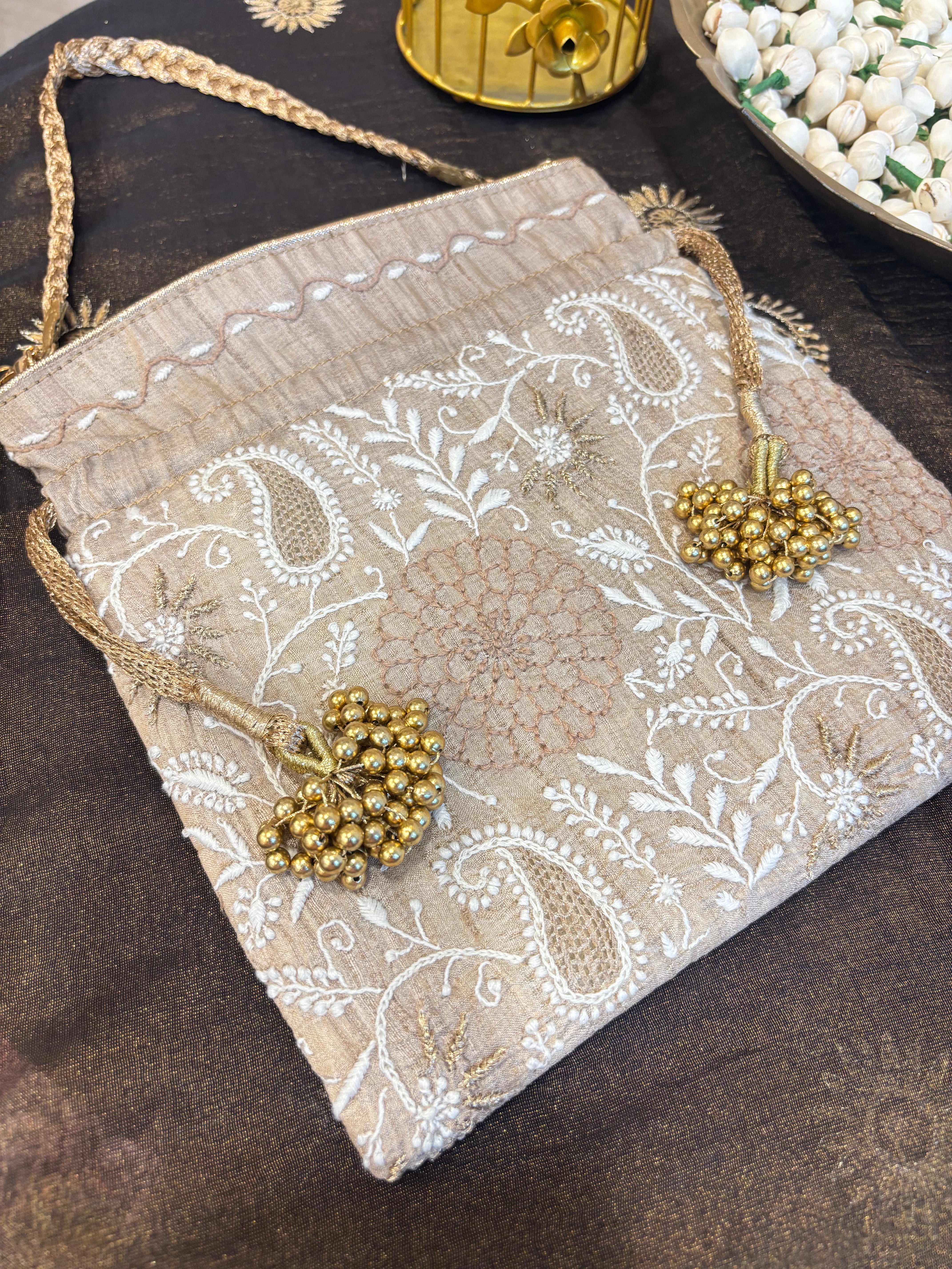 Beige Chikankari Potli