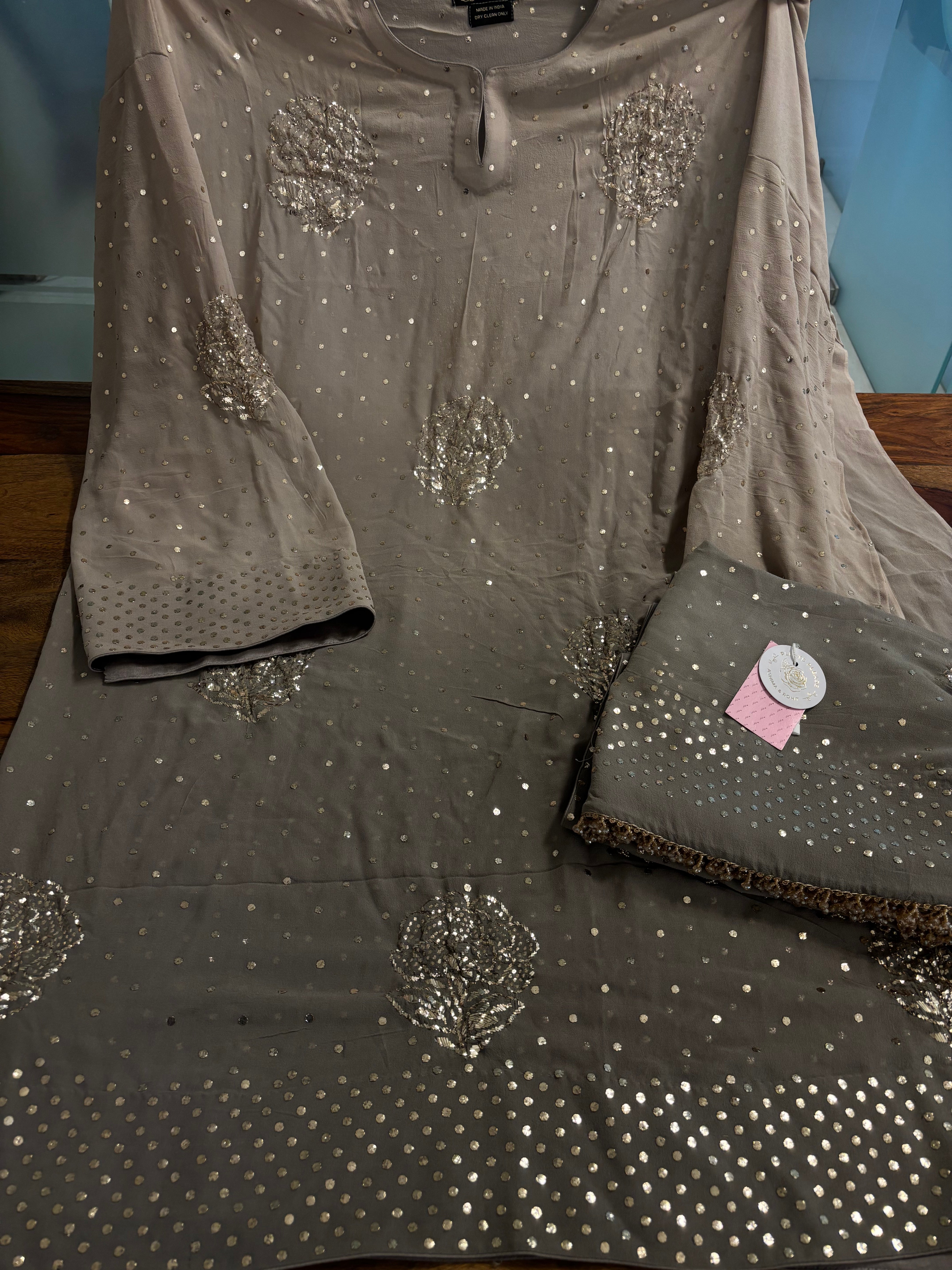 Ash Brown Ombre Pure & Premium Georgette Badla kurta & Dupatta