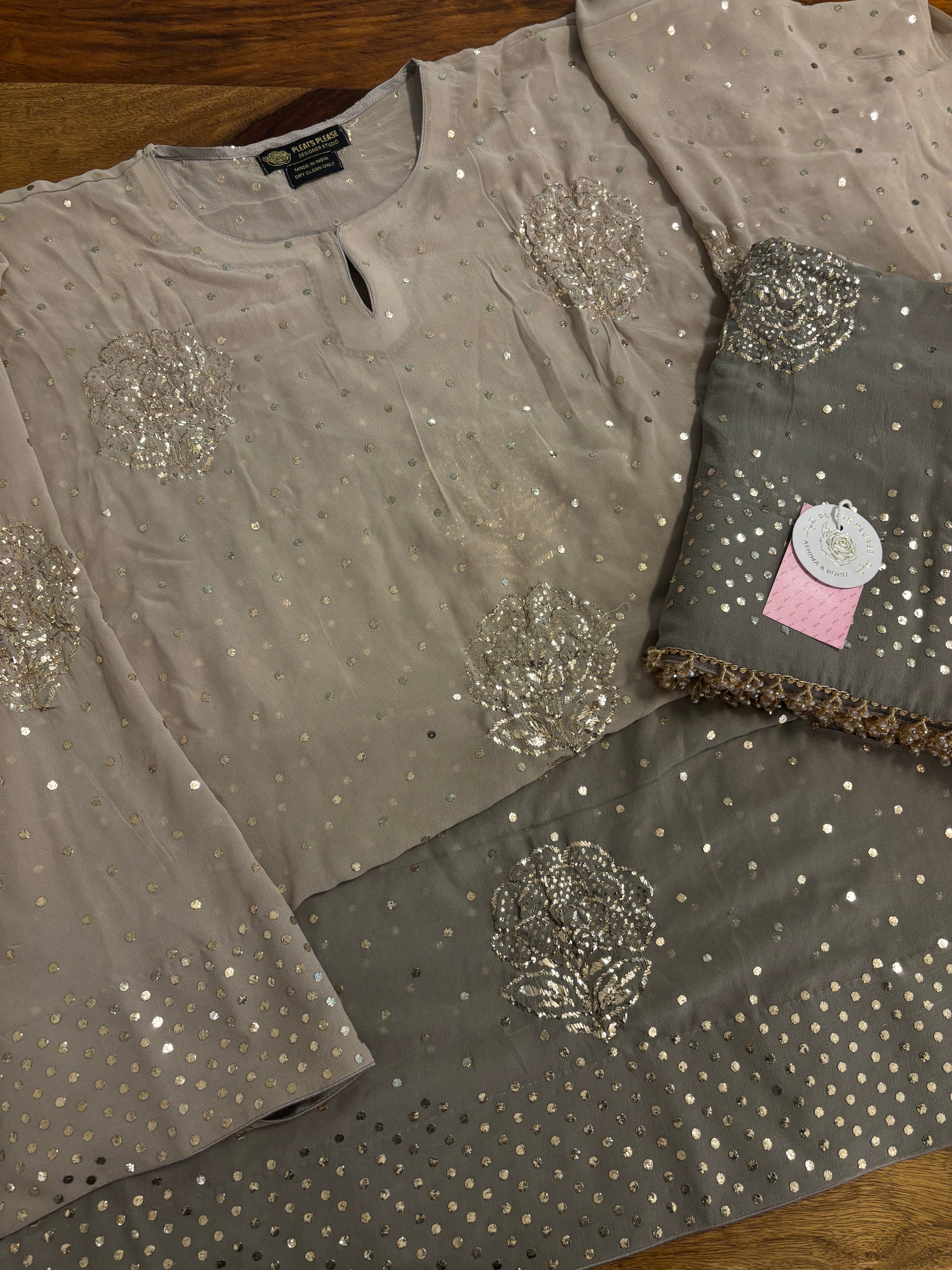 Ash Brown Ombre Pure & Premium Georgette Badla kurta & Dupatta