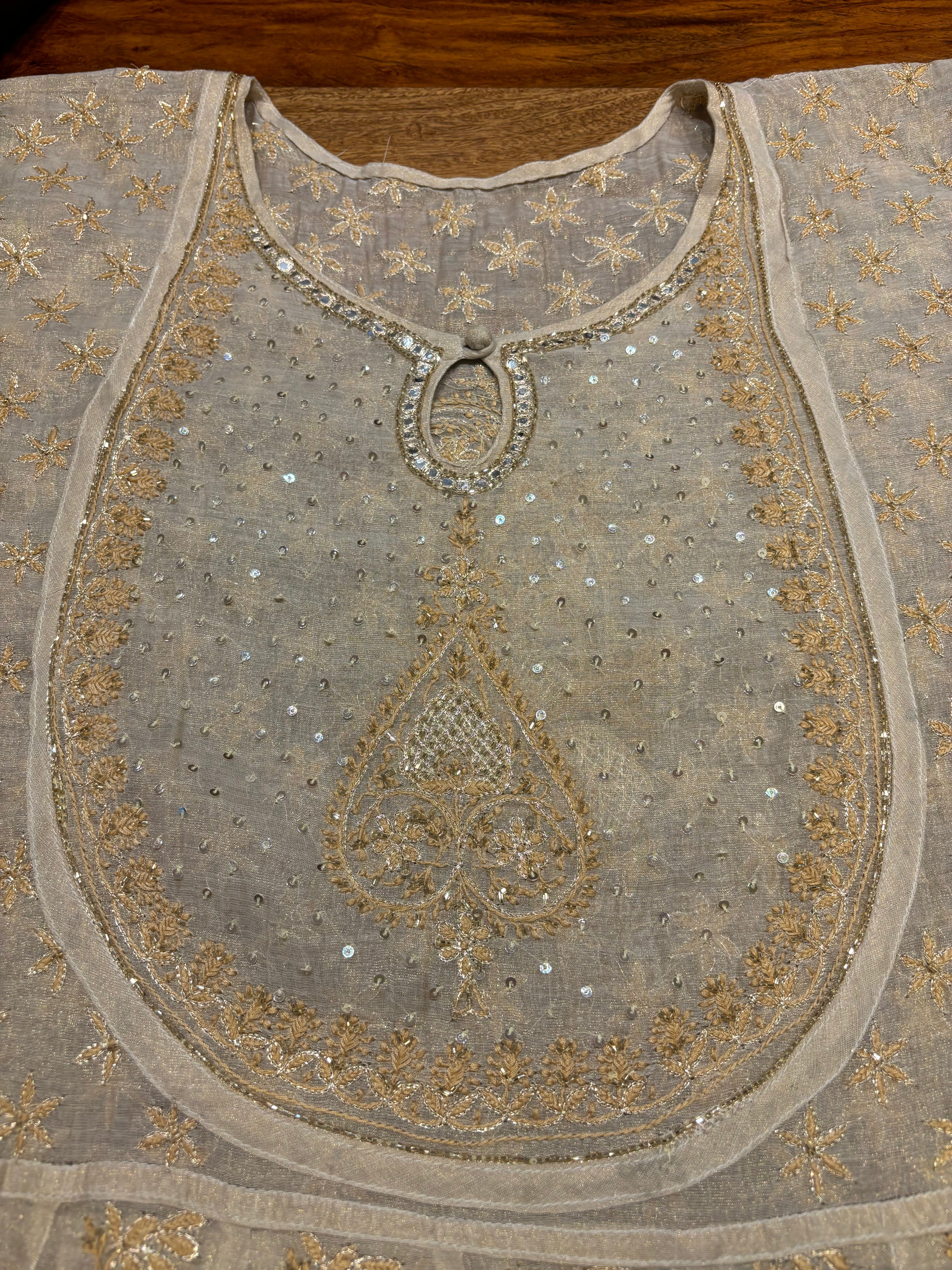 Dyeable Gold Pure Tissue Chikankari Bajirao Anarkali and Dupatta