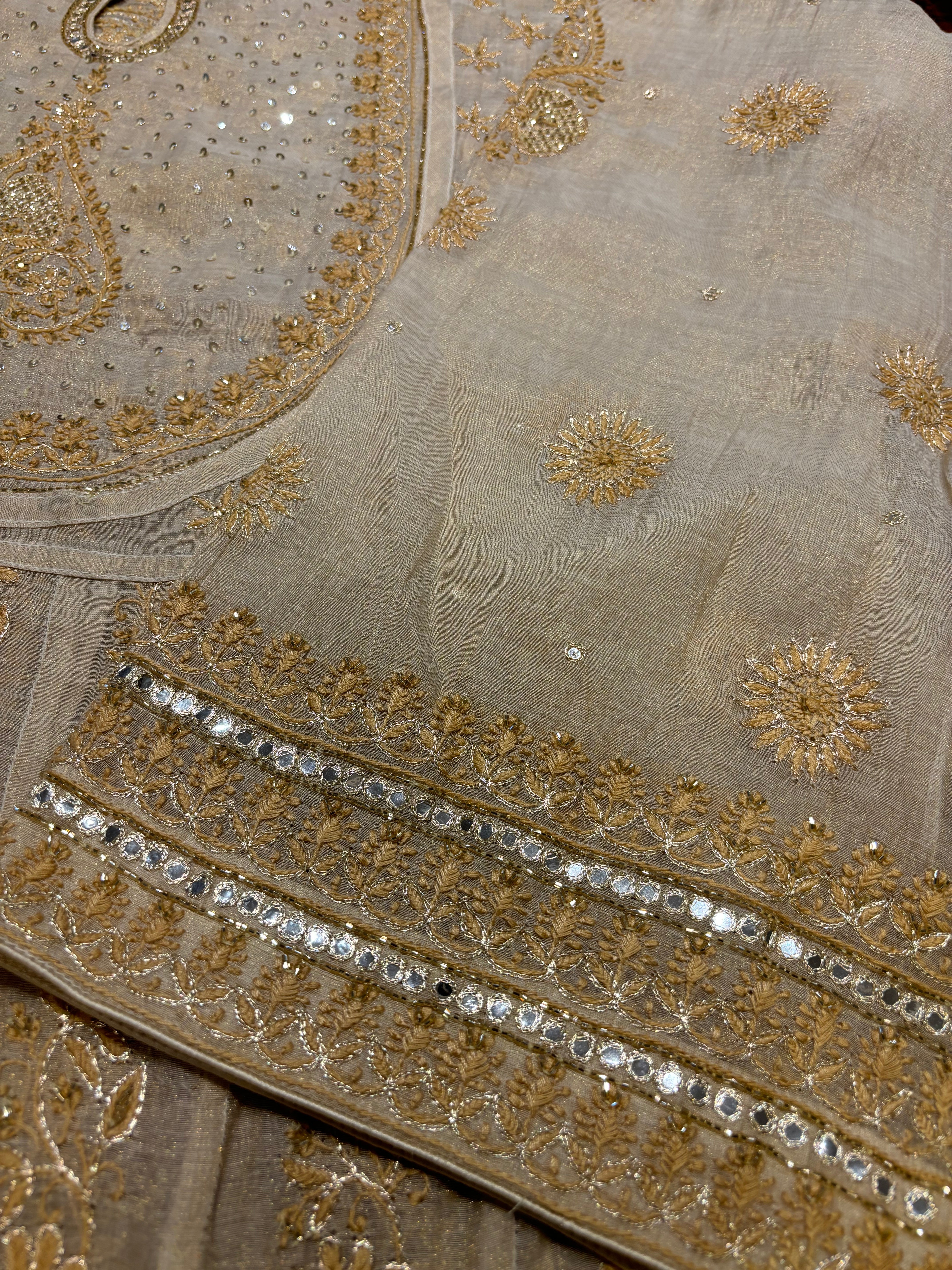Dyeable Gold Pure Tissue Chikankari Bajirao Anarkali and Dupatta