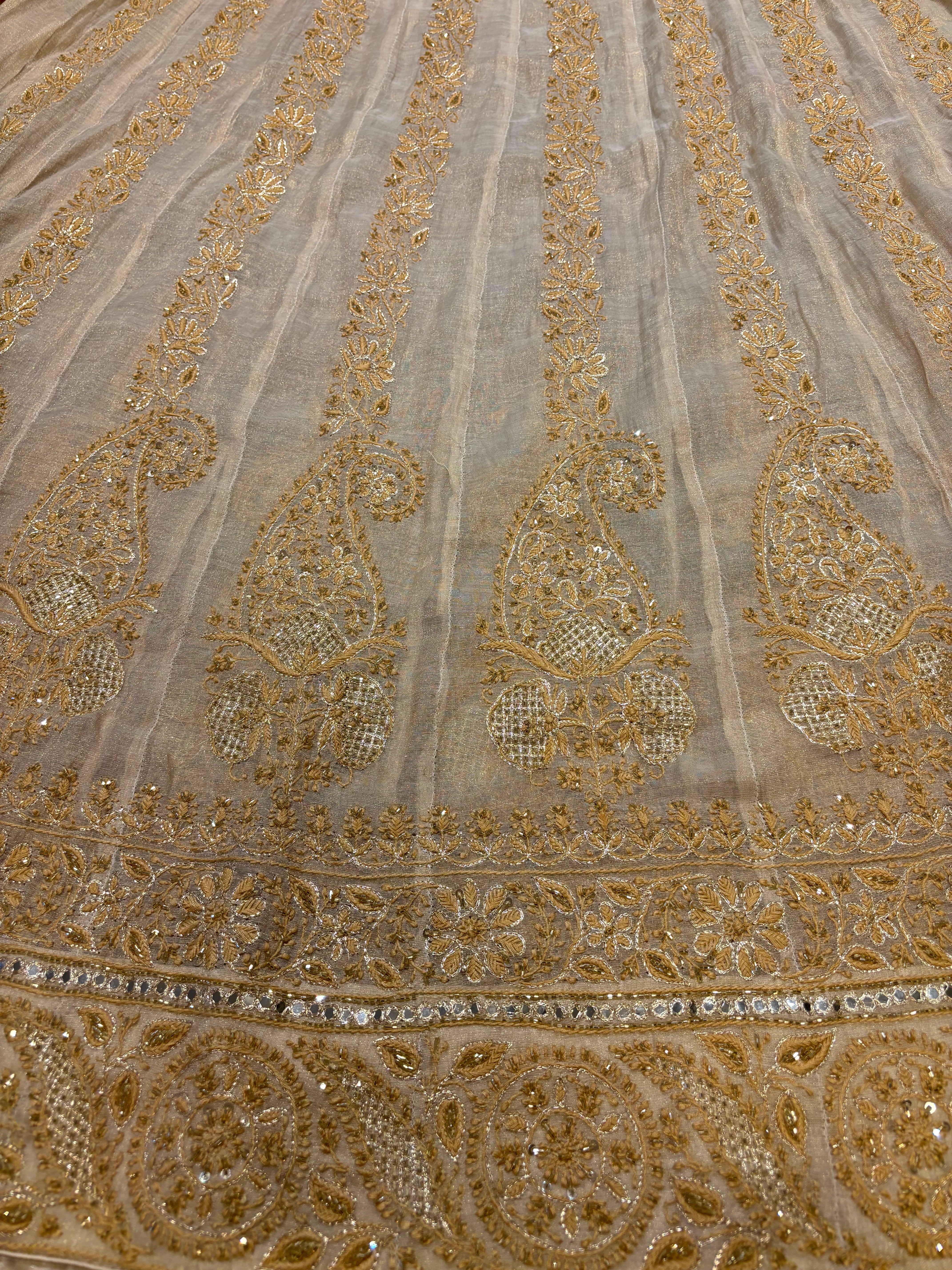 Dyeable Gold Pure Tissue Chikankari Bajirao Anarkali and Dupatta