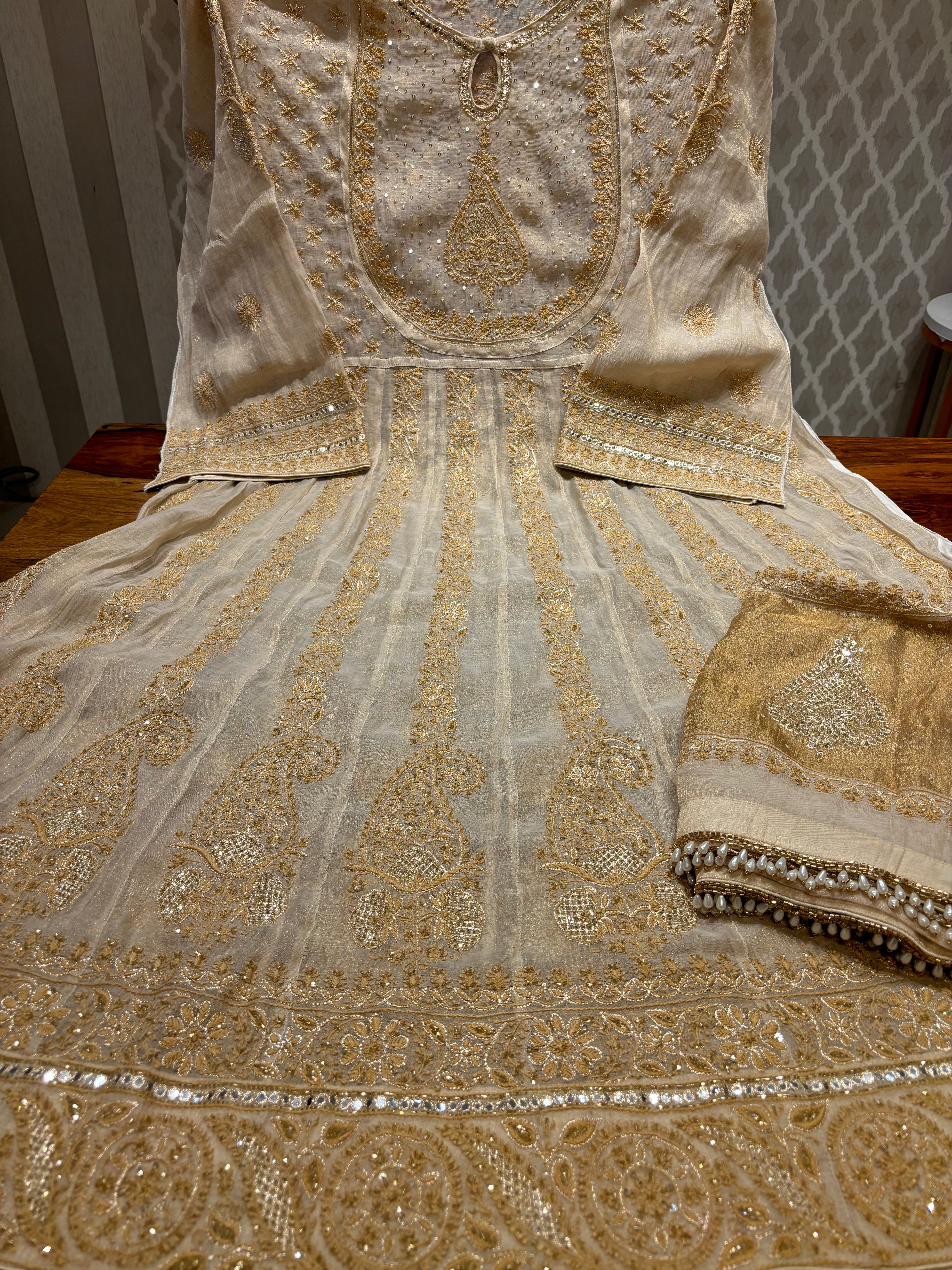 Dyeable Gold Pure Tissue Chikankari Bajirao Anarkali and Dupatta