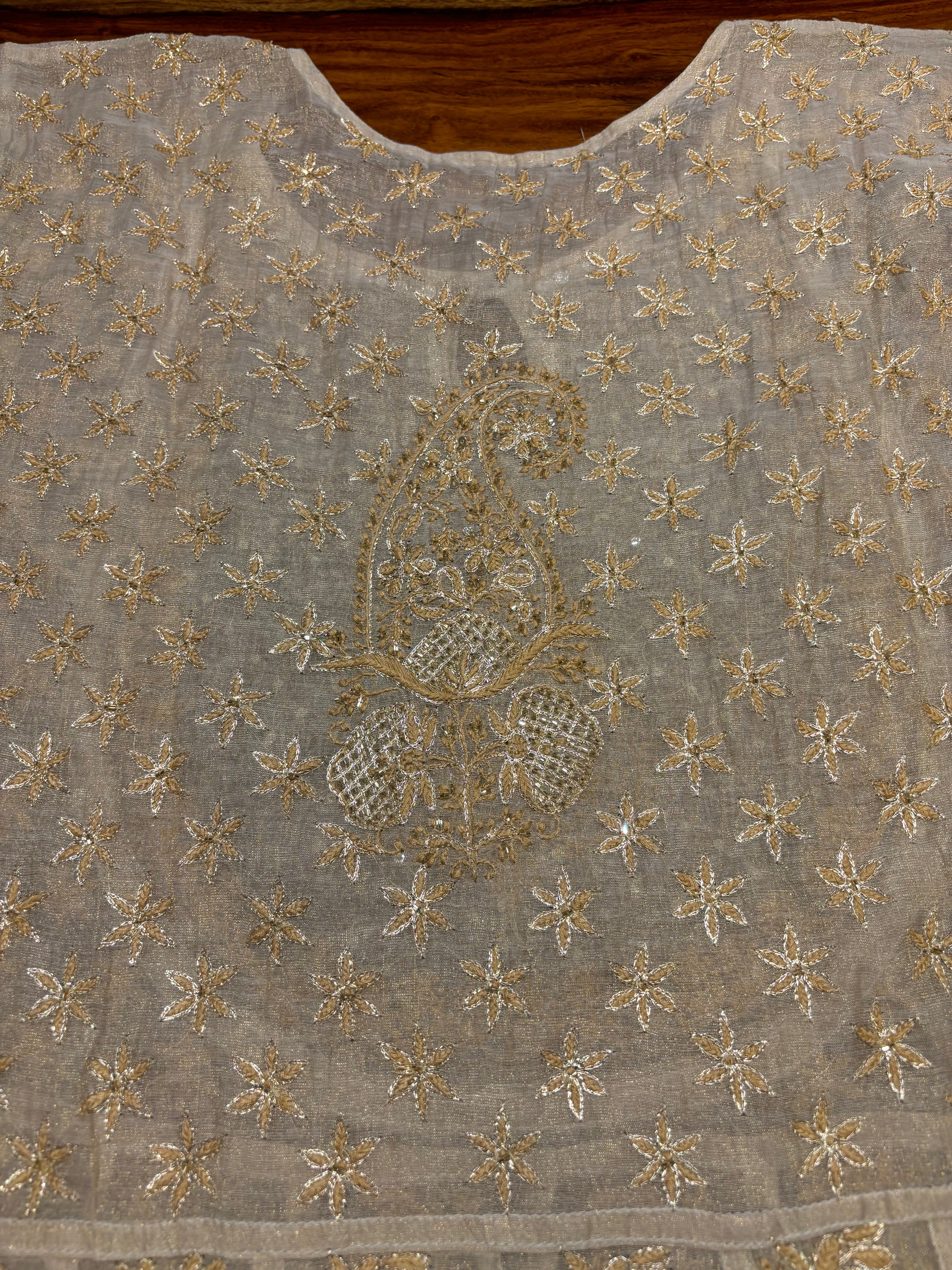 Dyeable Gold Pure Tissue Chikankari Bajirao Anarkali and Dupatta