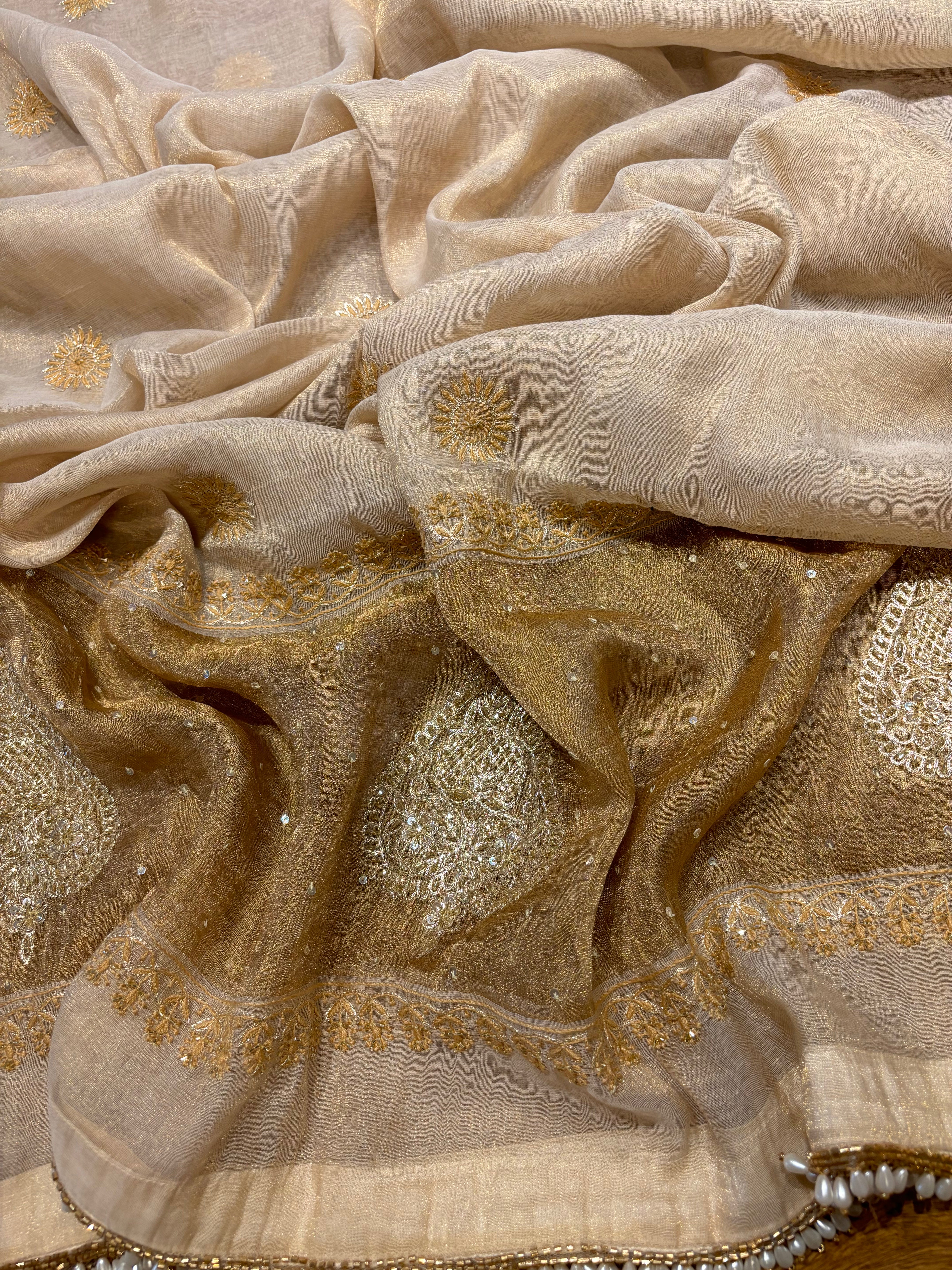 Dyeable Gold Pure Tissue Chikankari Bajirao Anarkali and Dupatta