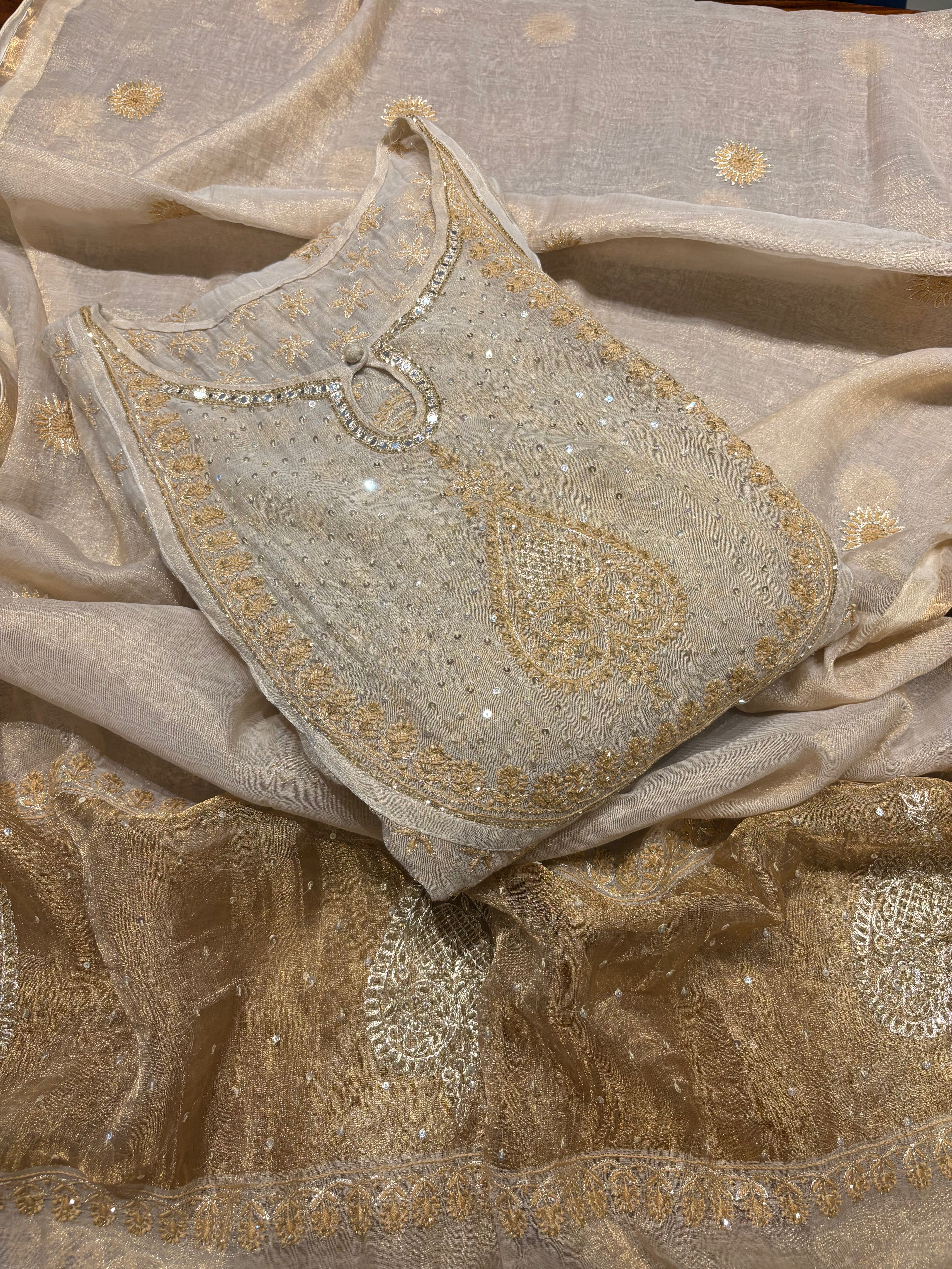 Dyeable Gold Pure Tissue Chikankari Bajirao Anarkali and Dupatta