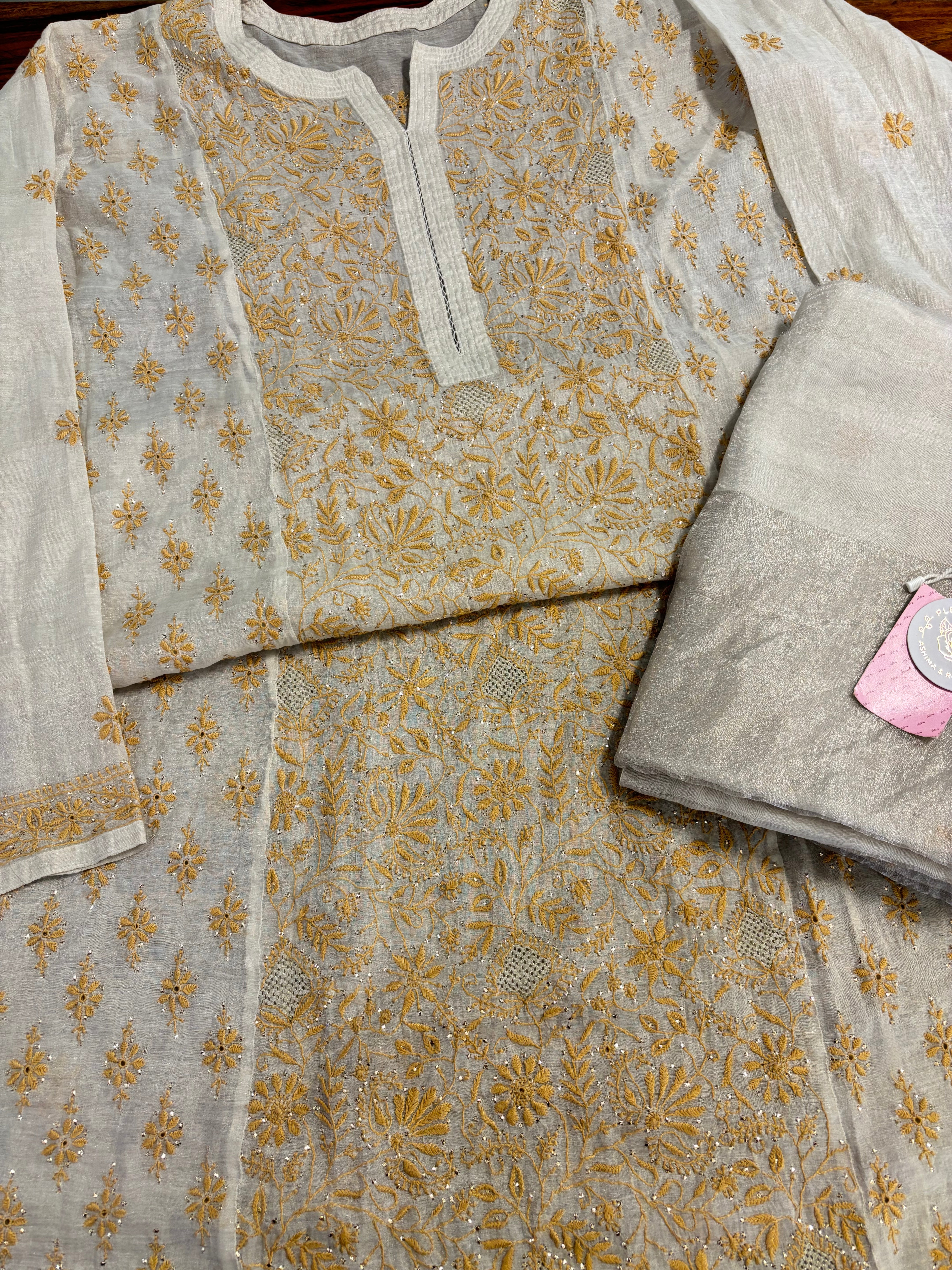 Dyeable Pure & Premium Silver Tissue Chikankari Kurta & Dupatta set - Pleats PleaseChikankari