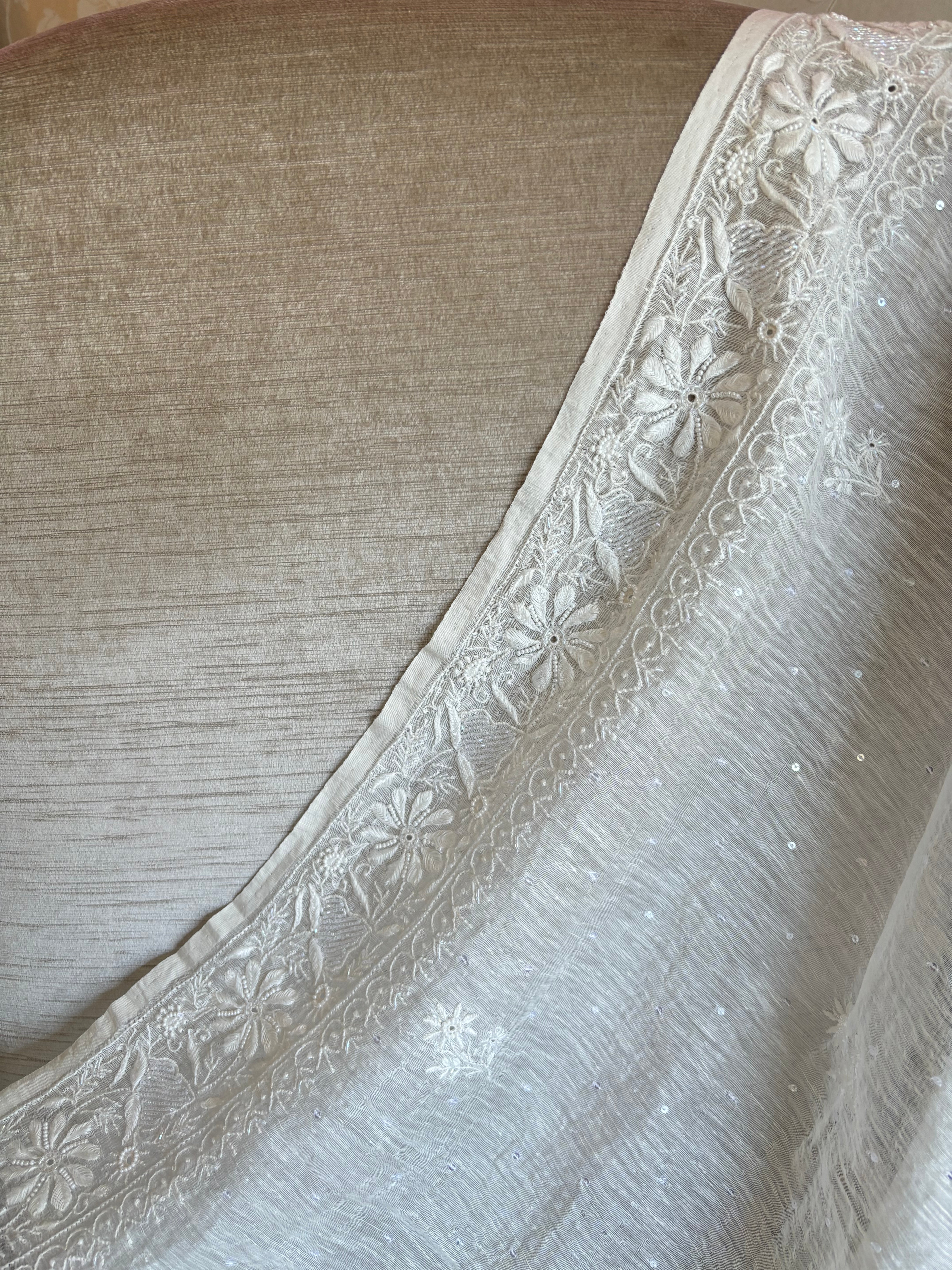 Dyeable Linen Chanderi Chikankari Saree and Blouse