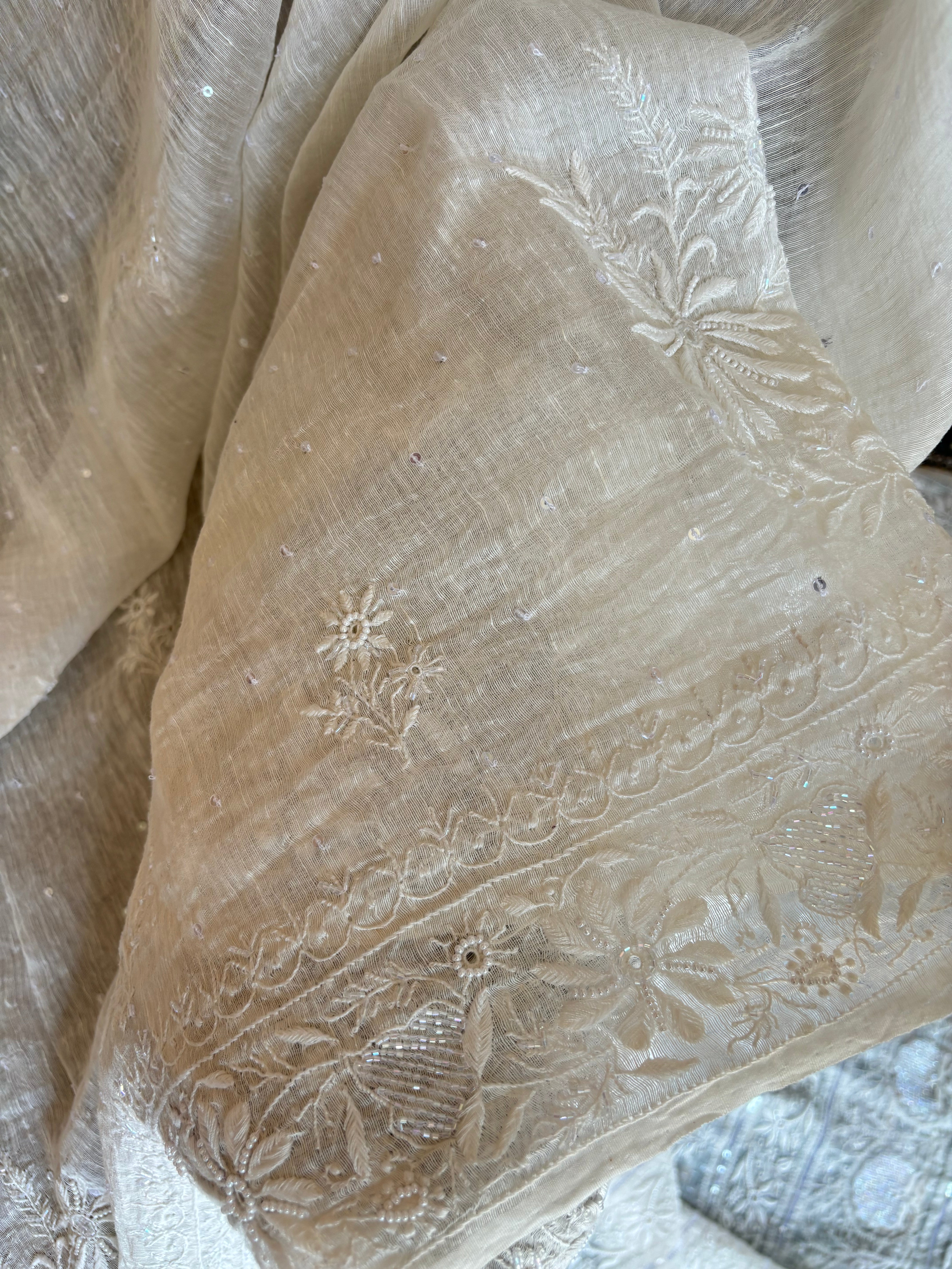 Dyeable Linen Chanderi Chikankari Saree and Blouse