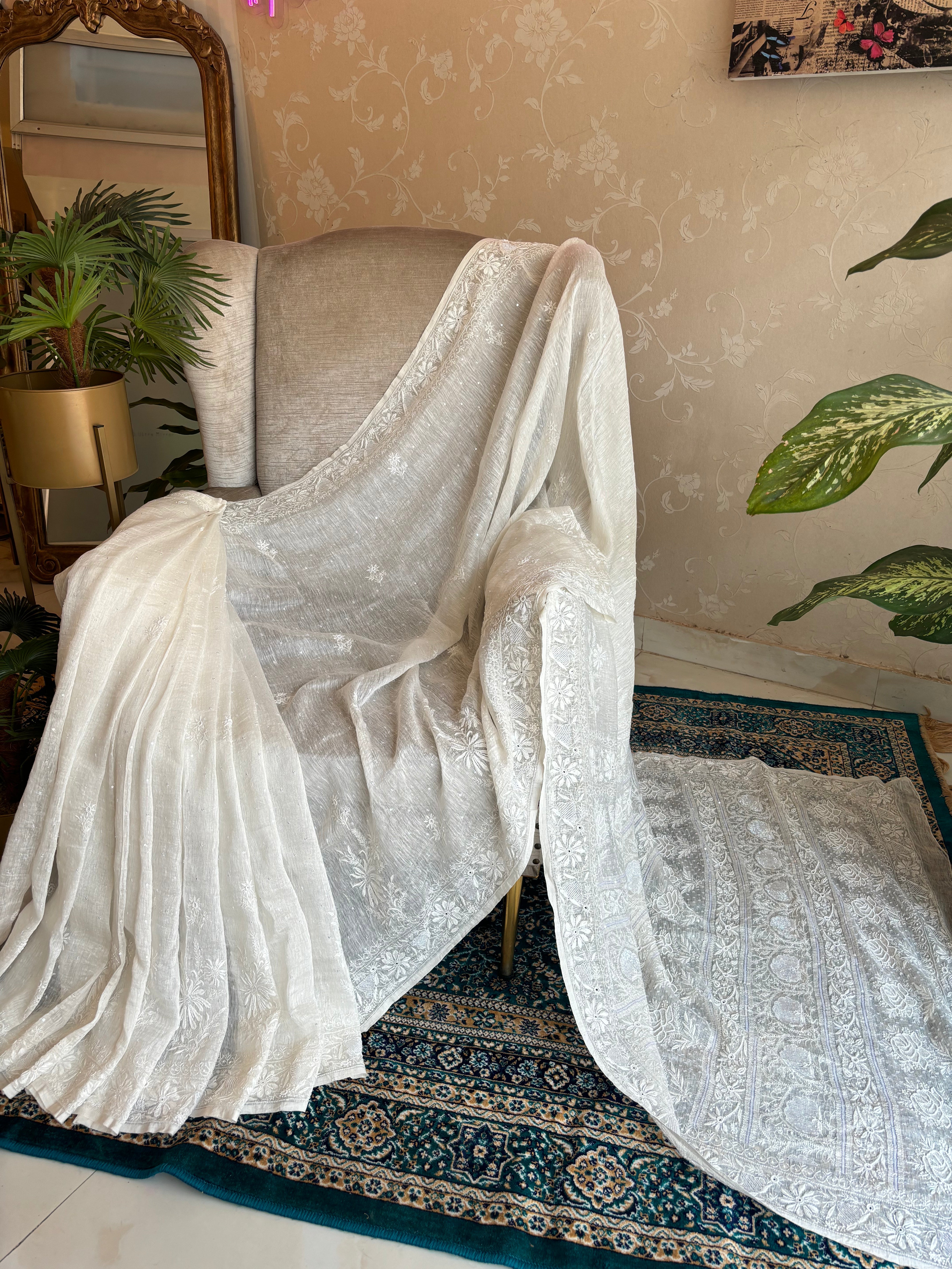 Dyeable Linen Chanderi Chikankari Saree and Blouse