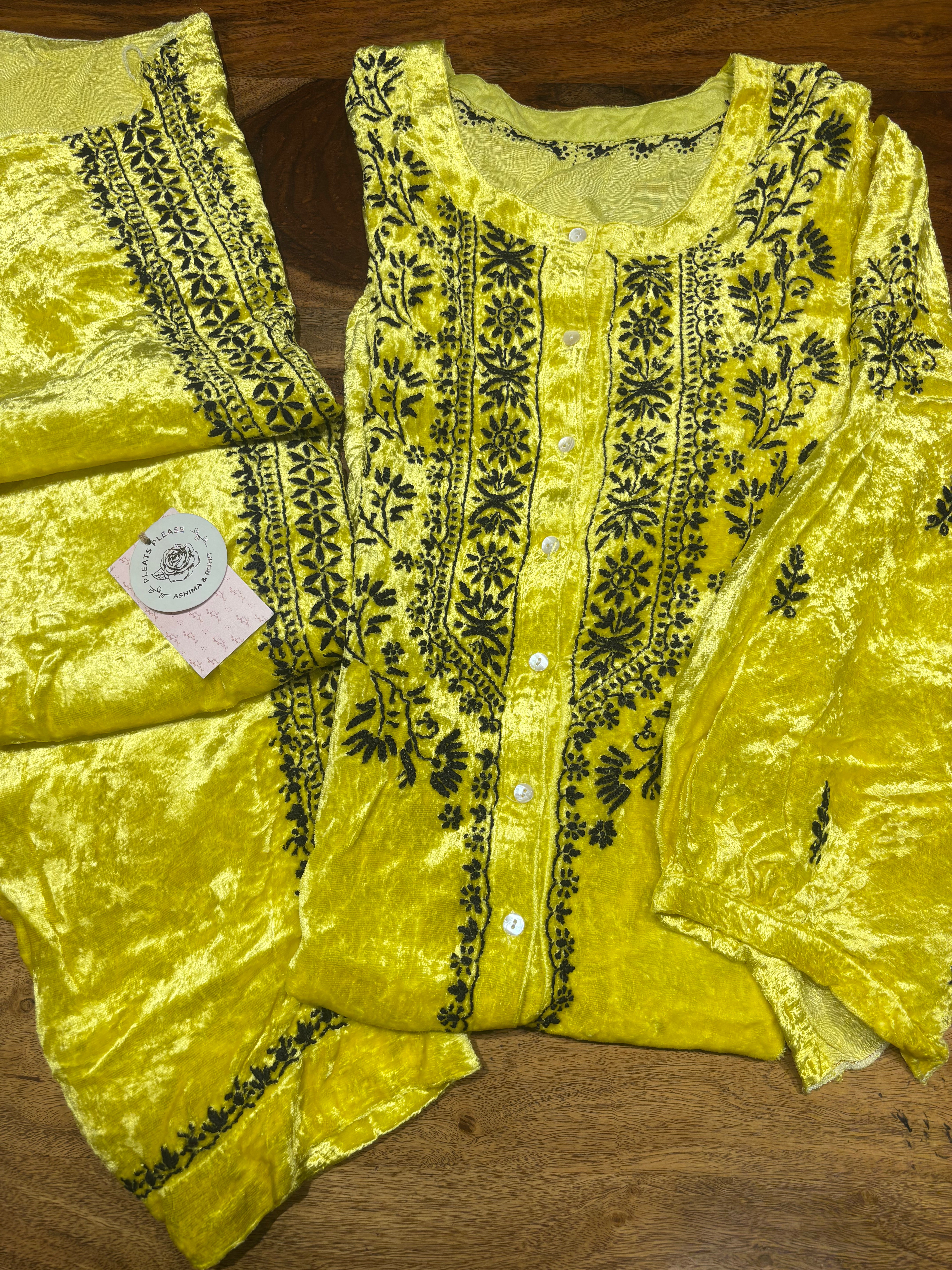 Lemon Yellow Velvet Chikankari Co-ord Set