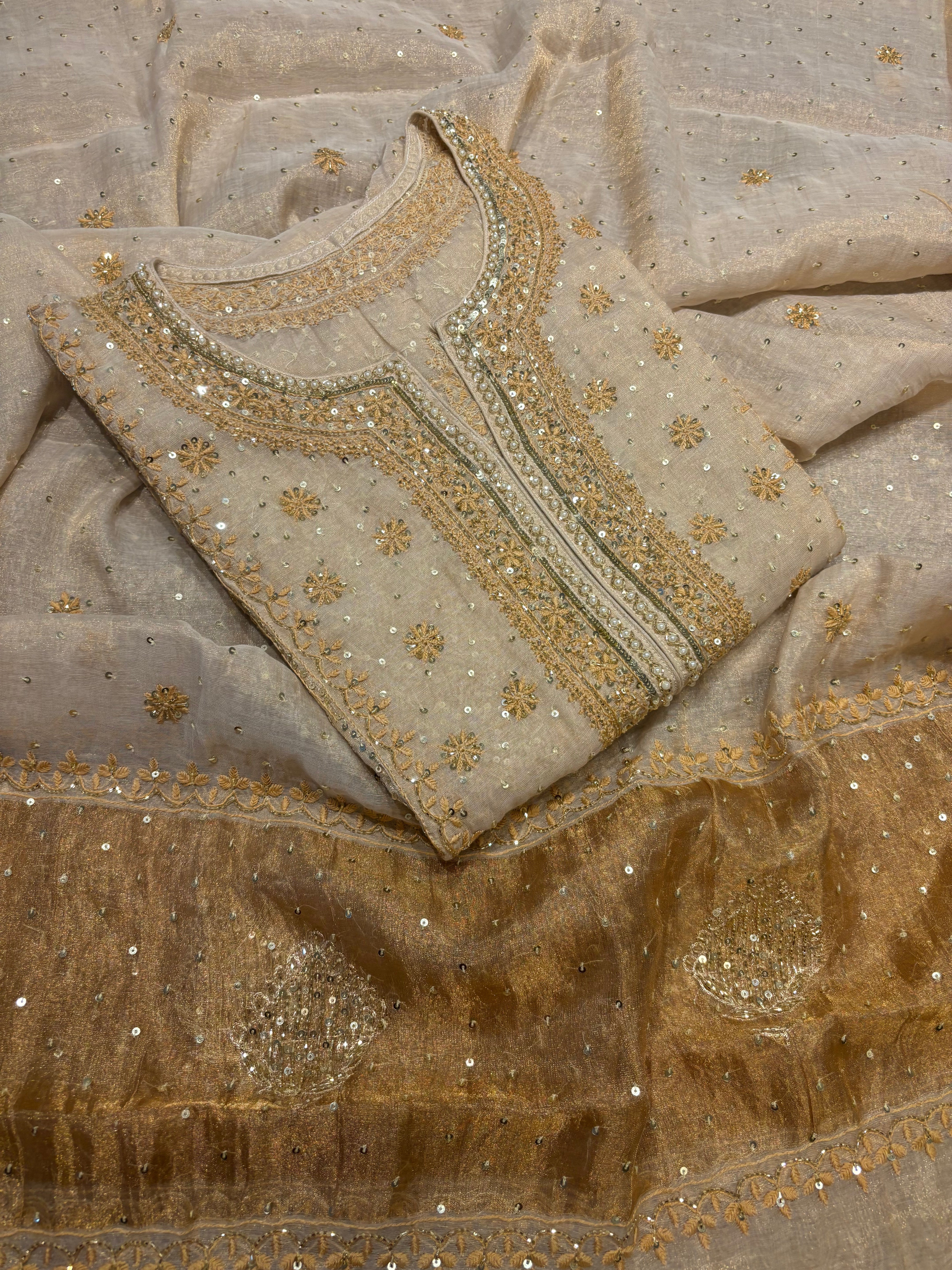 Dyeable Golden Pure Tissue Chikankari A line Anarkali and Dupatta Pearl Neckline