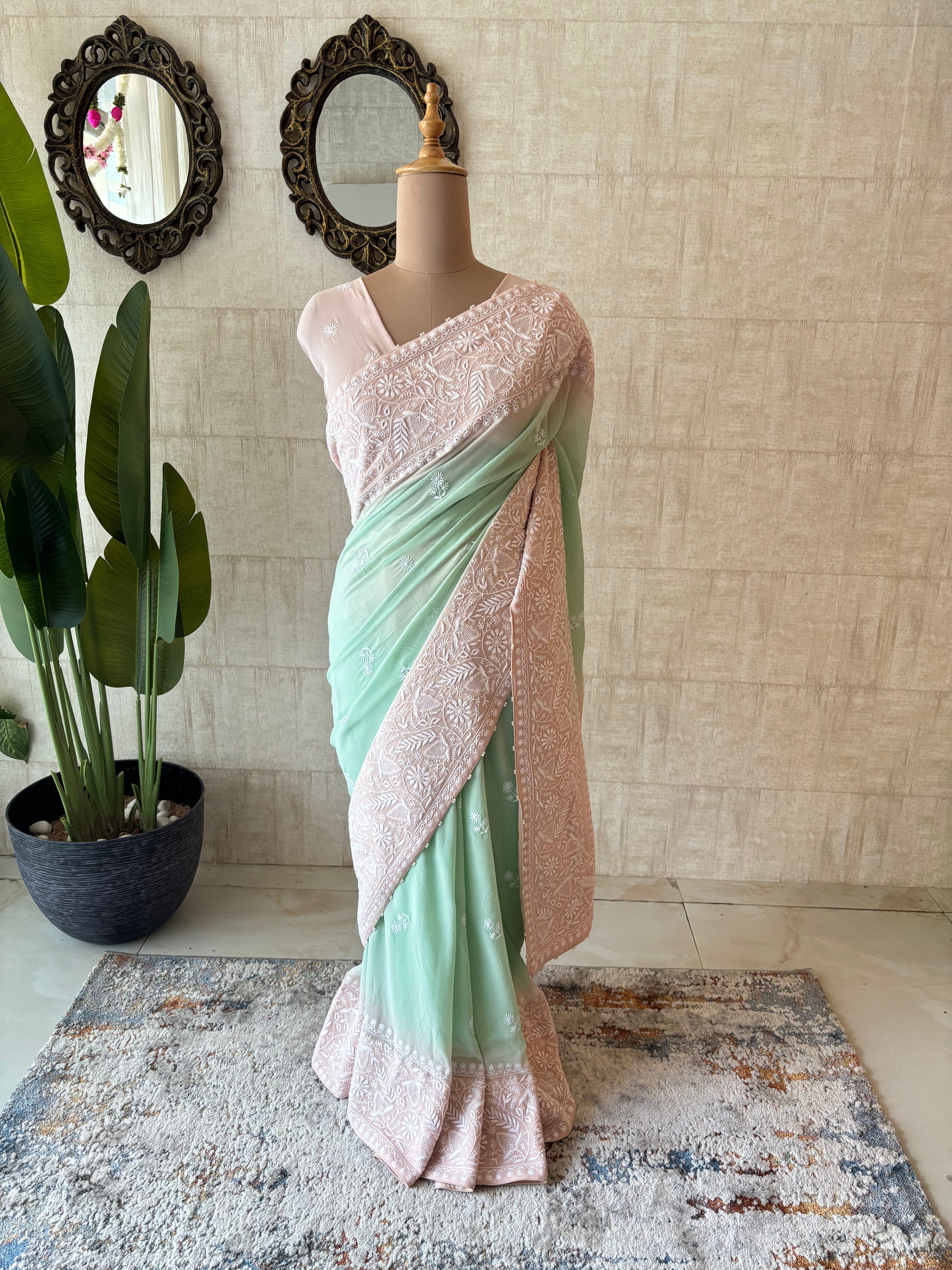 Pink & Green Pure & Premium Georgette Chikankari Saree & Blouse