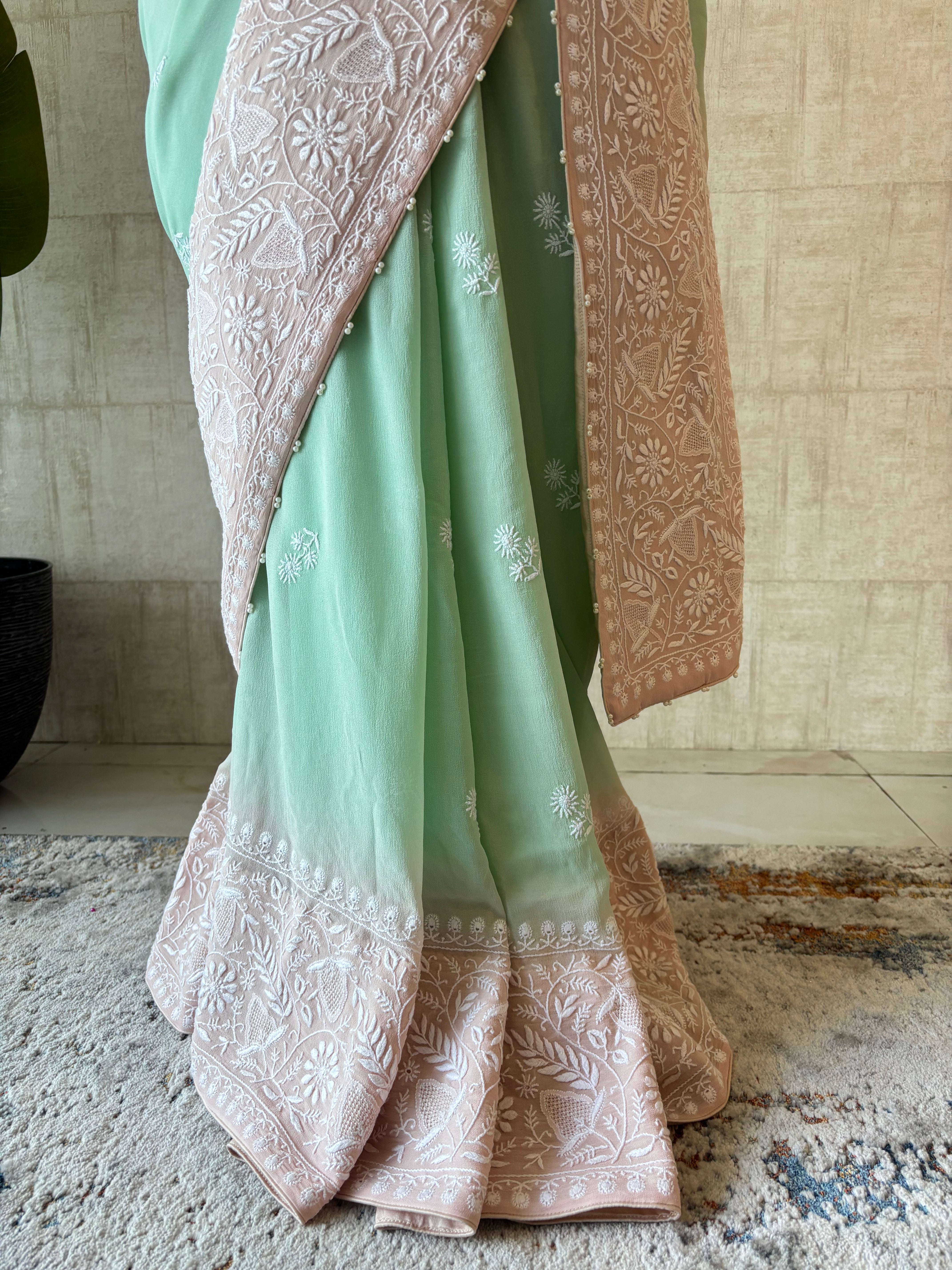 Pink & Green Pure & Premium Georgette Chikankari Saree & Blouse