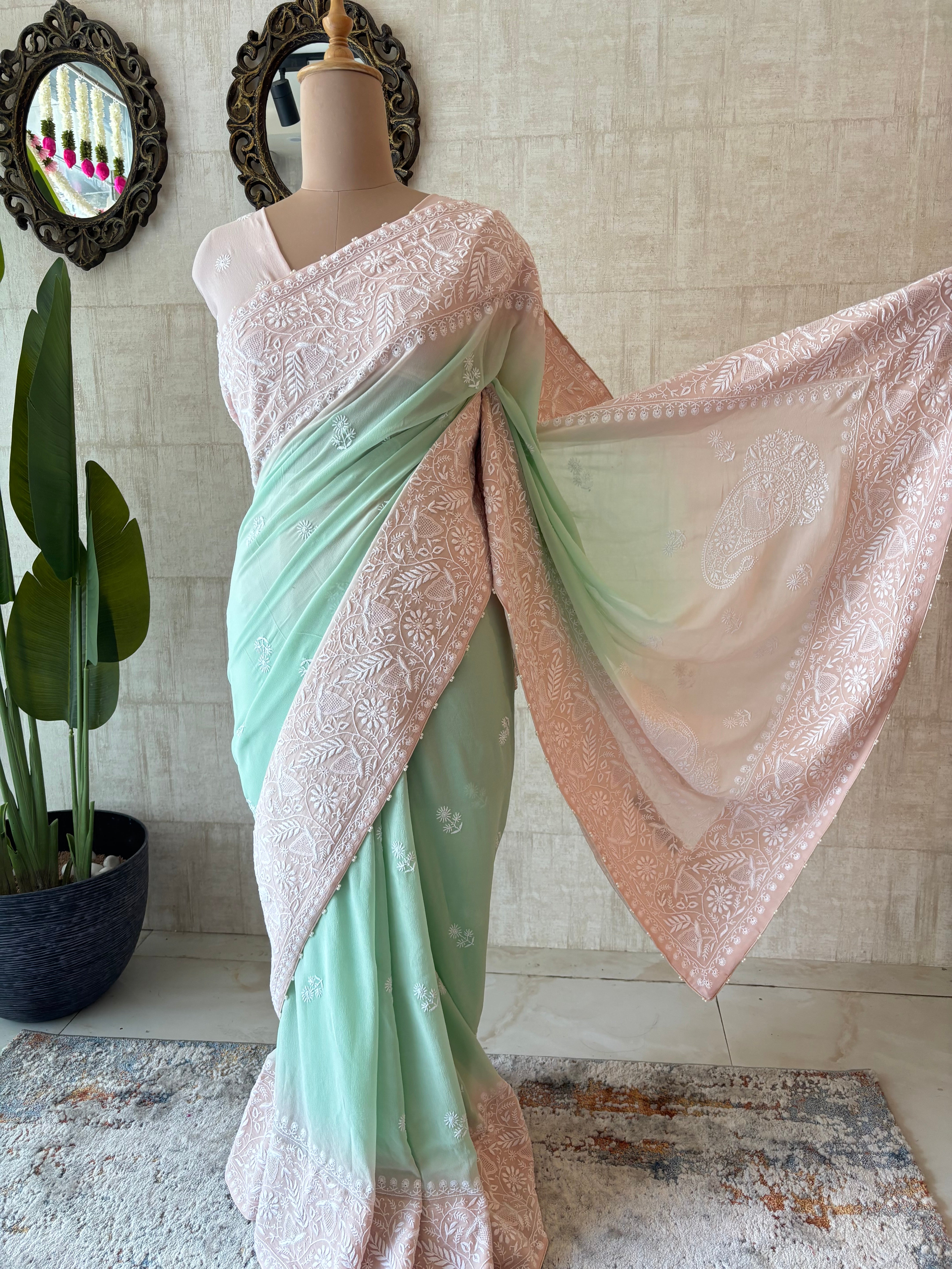 Pink & Green Pure & Premium Georgette Chikankari Saree & Blouse