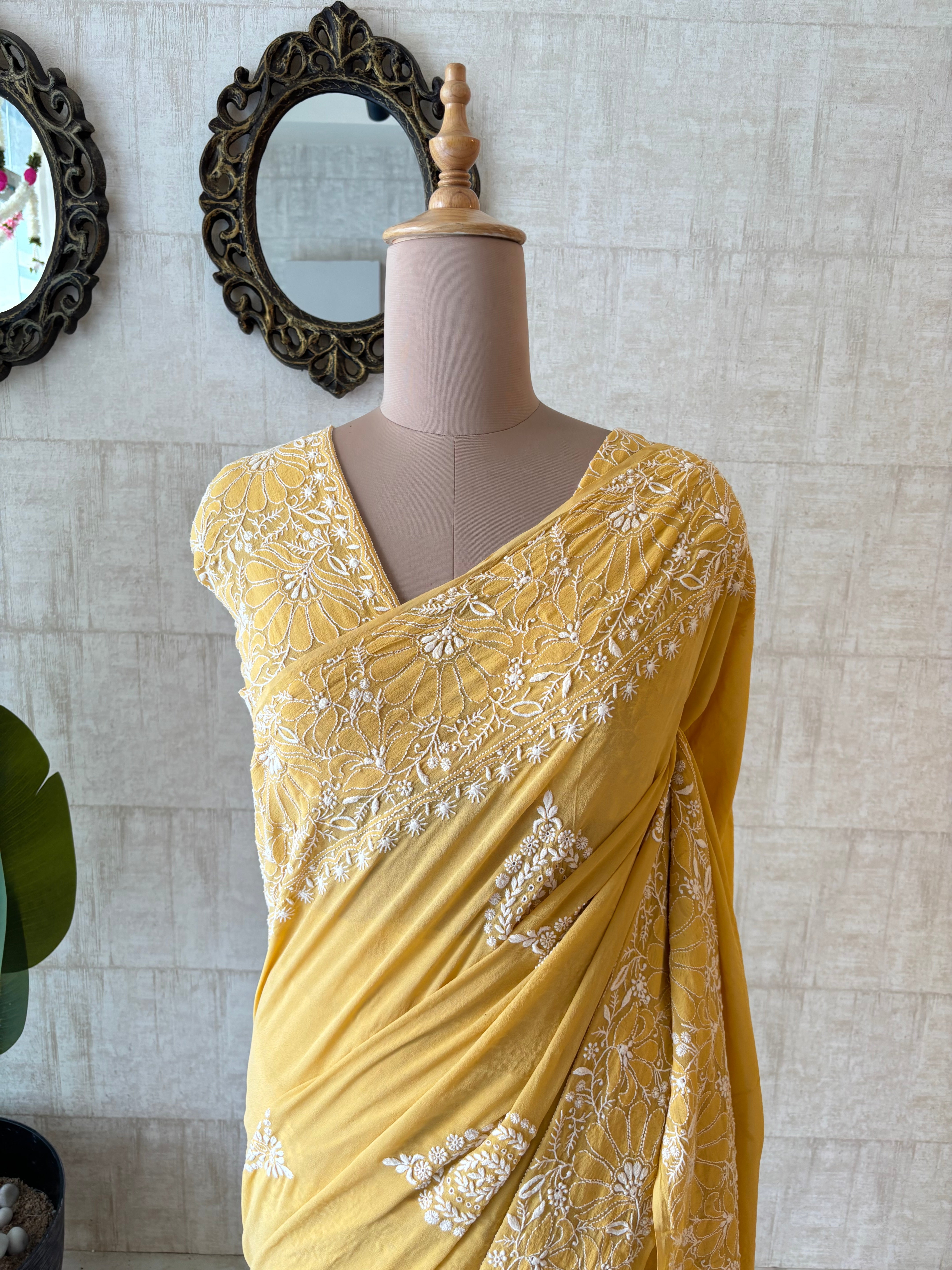 Yellow Pure & Premium Georgette Chikankari Saree & Blouse