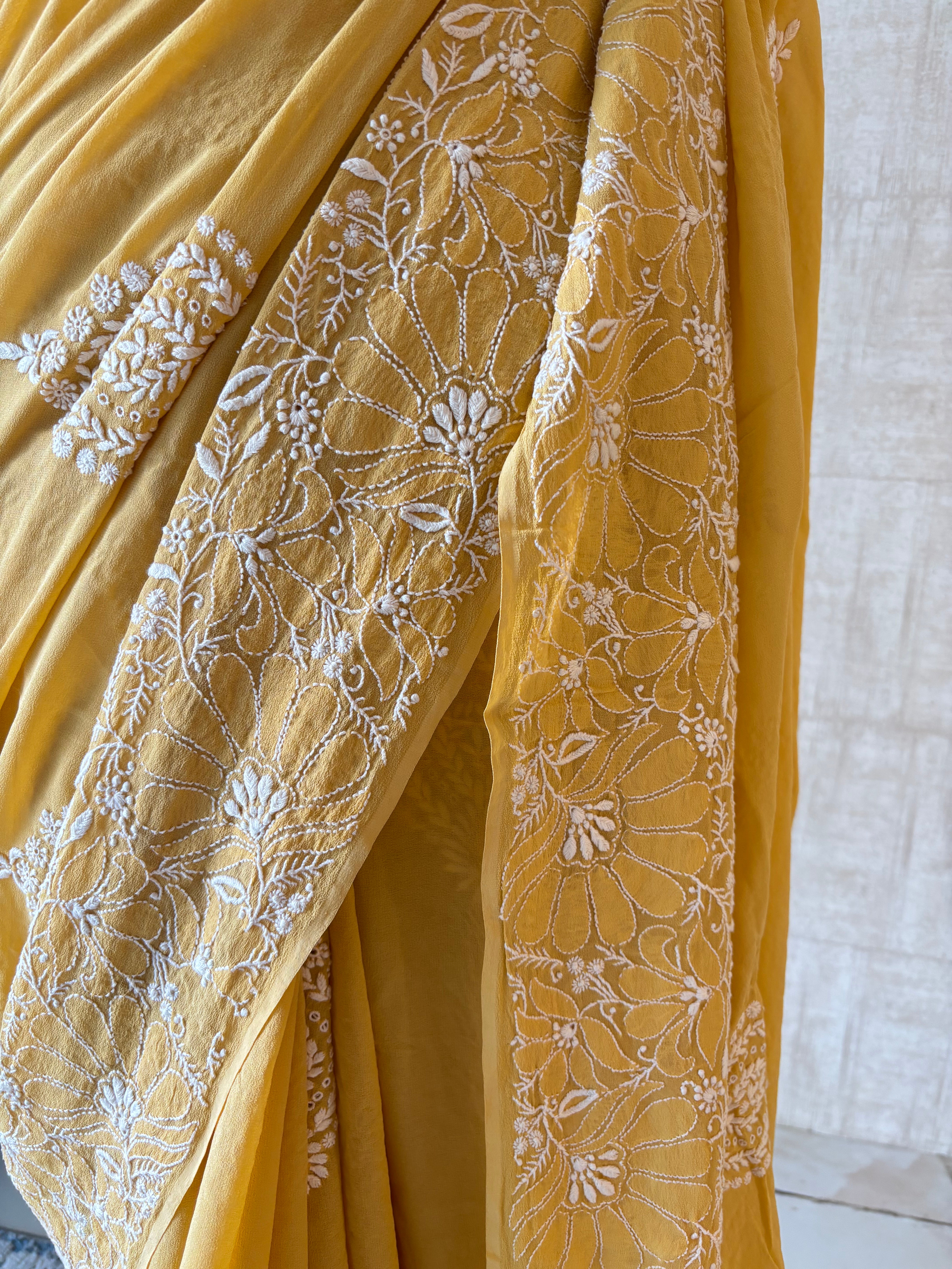 Yellow Pure & Premium Georgette Chikankari Saree & Blouse