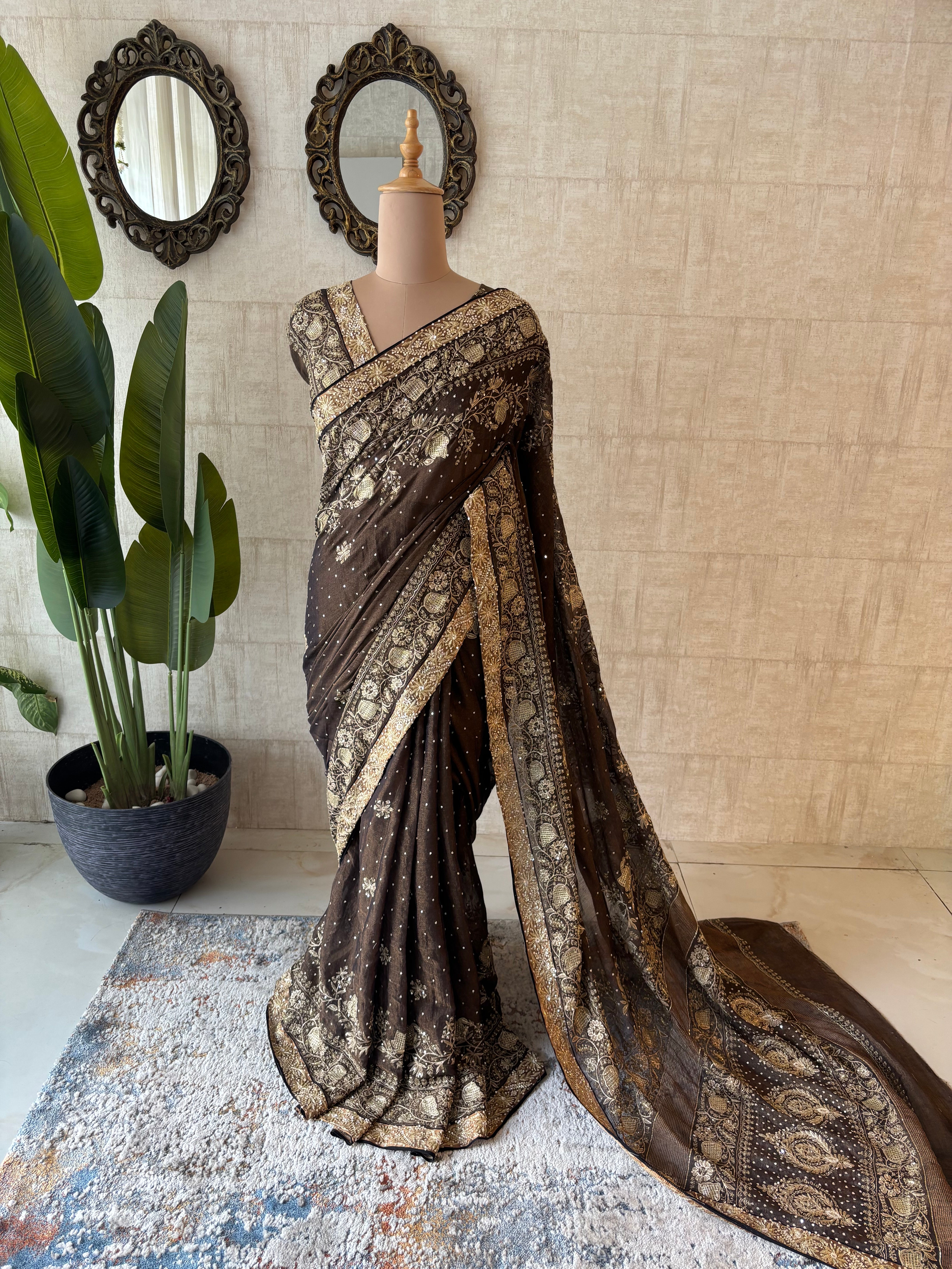 Black Pure & Premium Tissue Chikankari Saree & Blouse