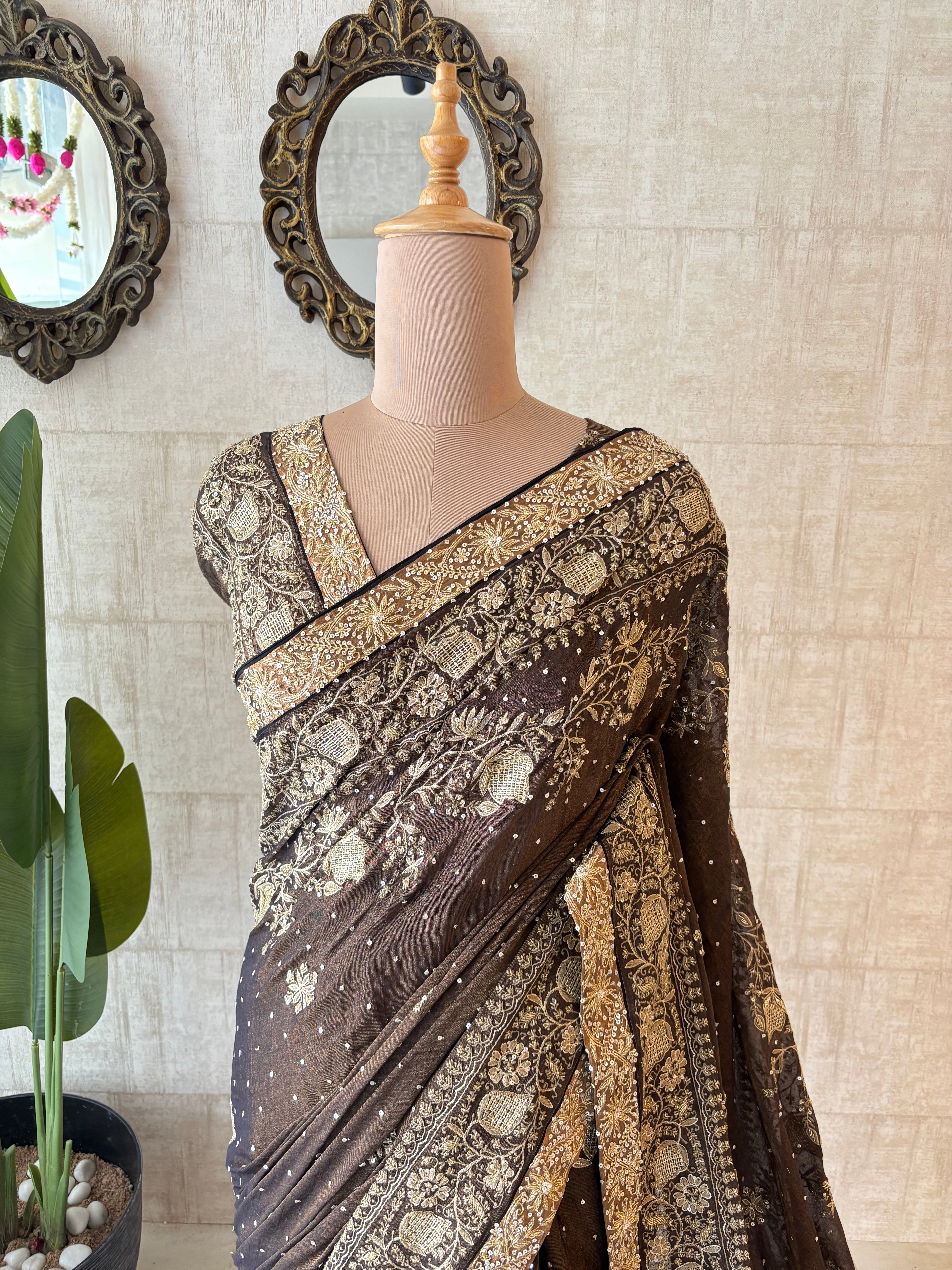 Black Pure & Premium Tissue Chikankari Saree & Blouse
