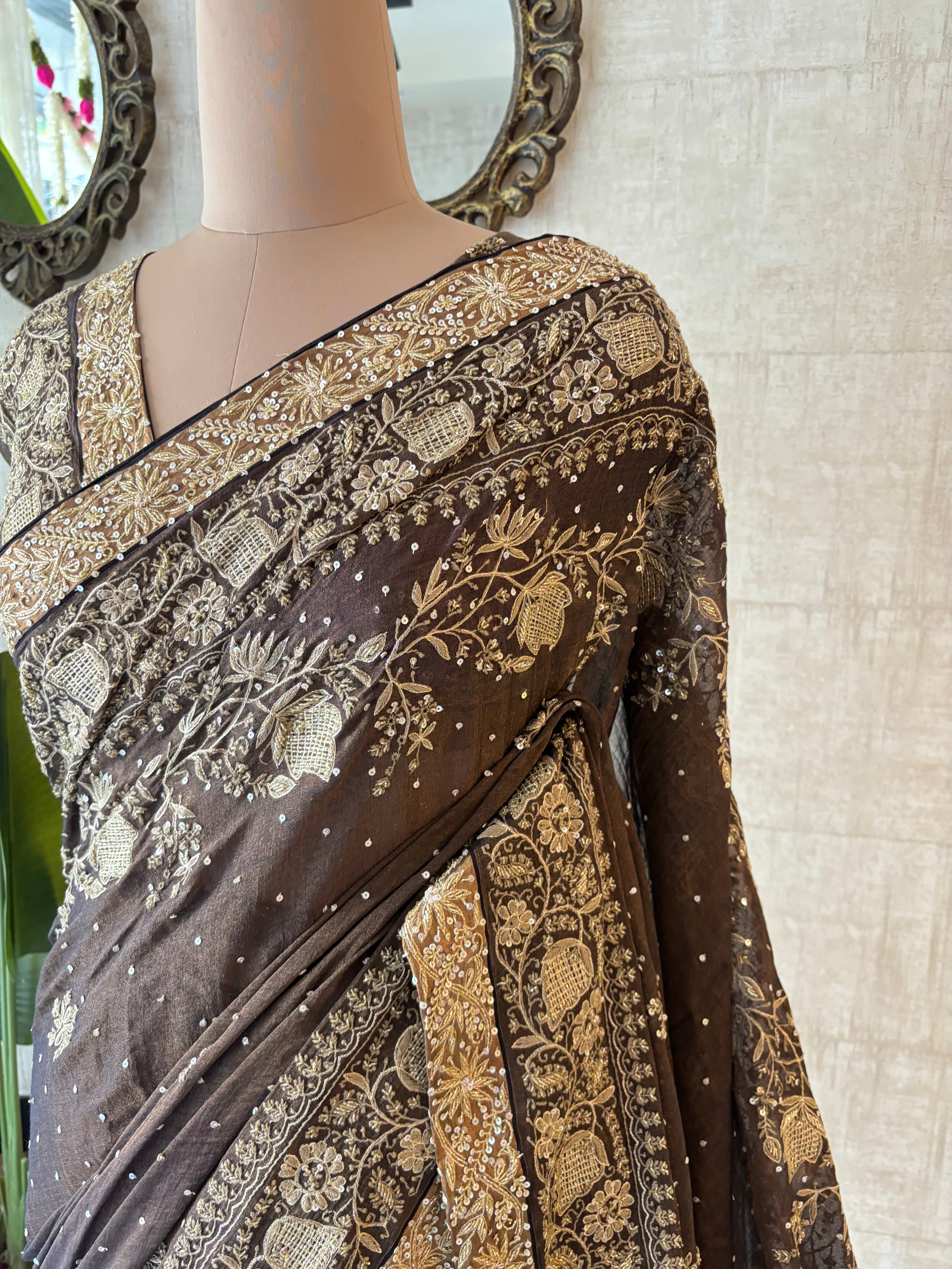 Black Pure & Premium Tissue Chikankari Saree & Blouse
