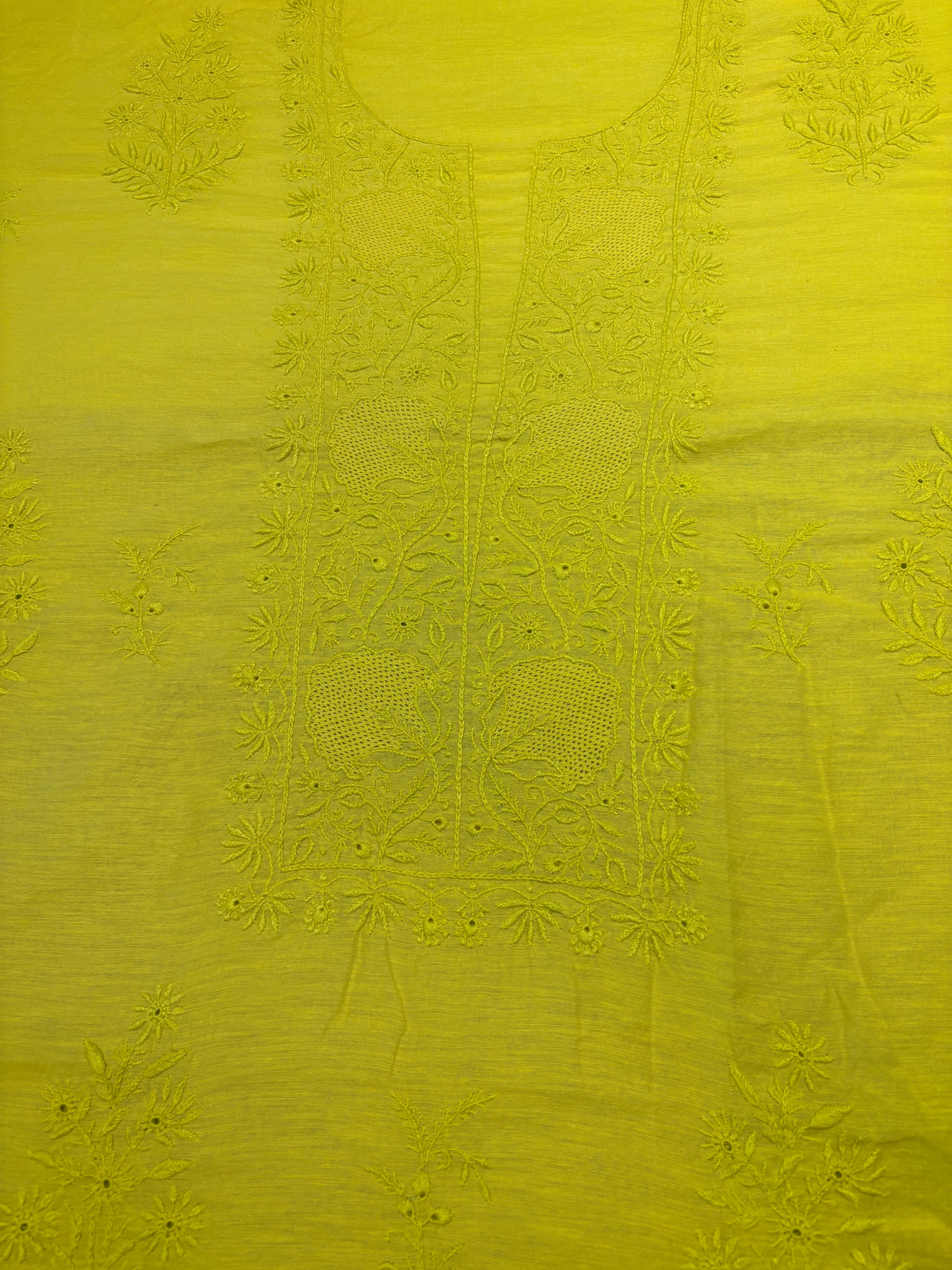 Neon Yellow Linen Chikankari Kurta Fabric