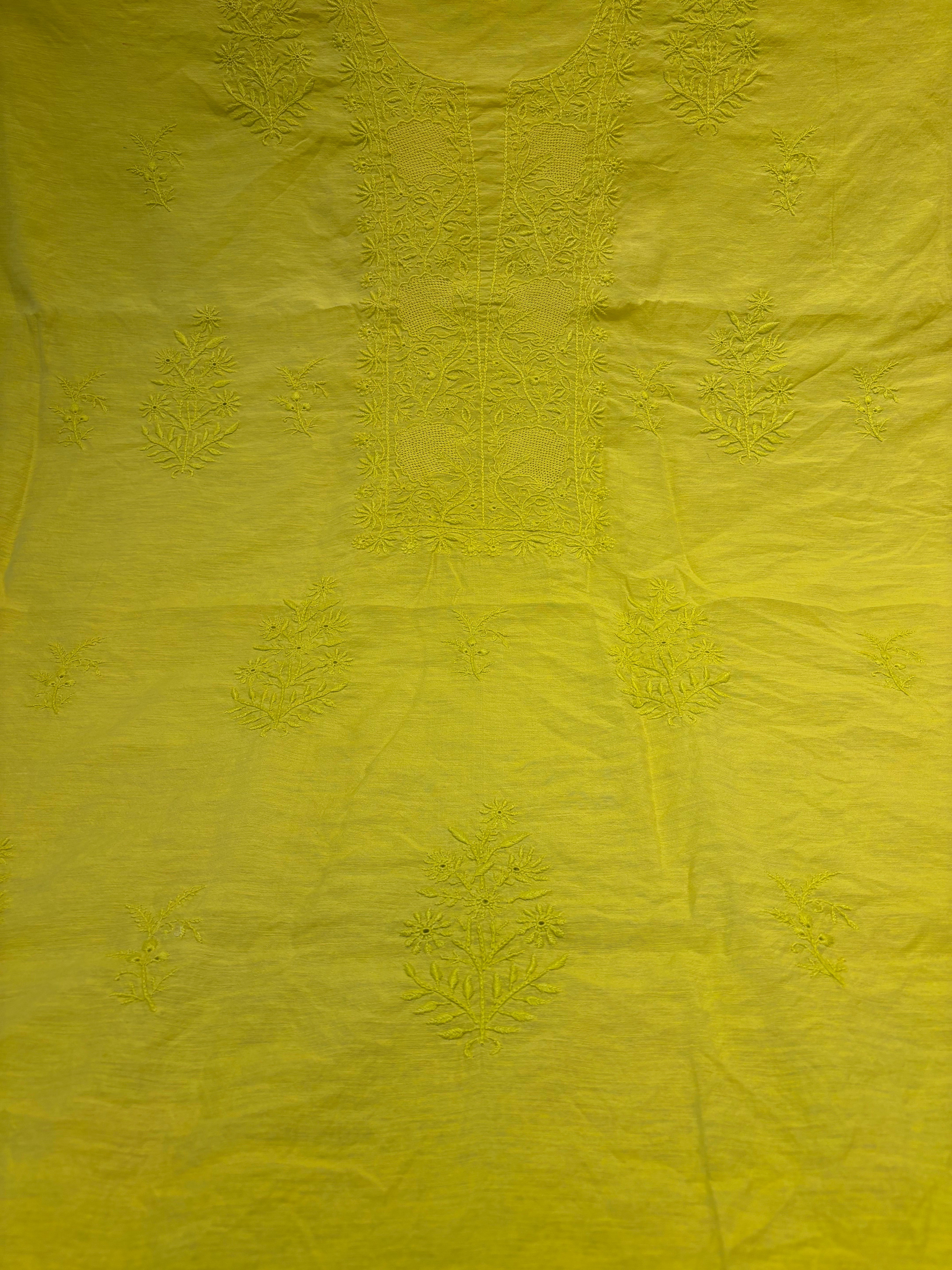 Neon Yellow Linen Chikankari Kurta Fabric