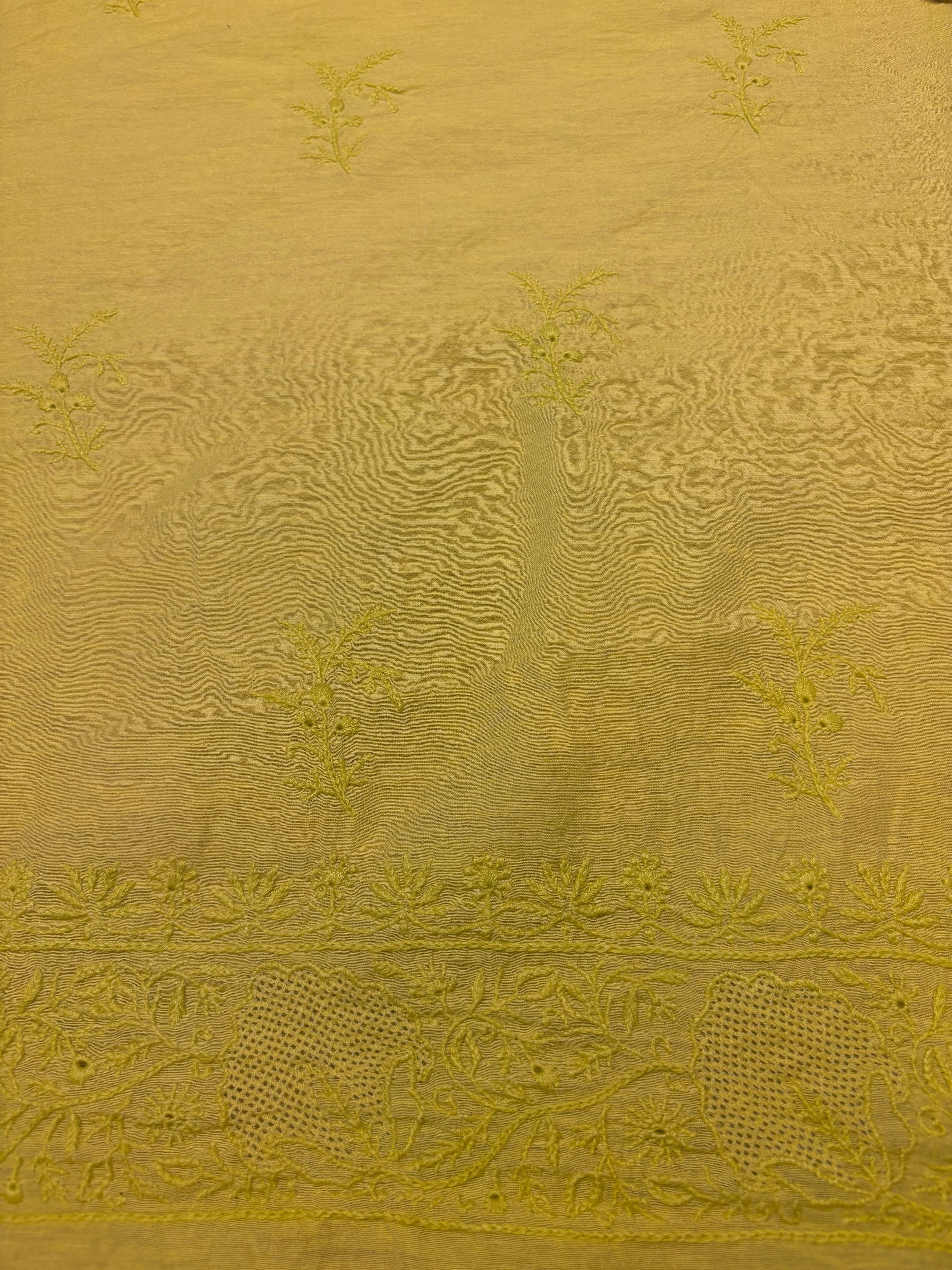 Neon Yellow Linen Chikankari Kurta Fabric