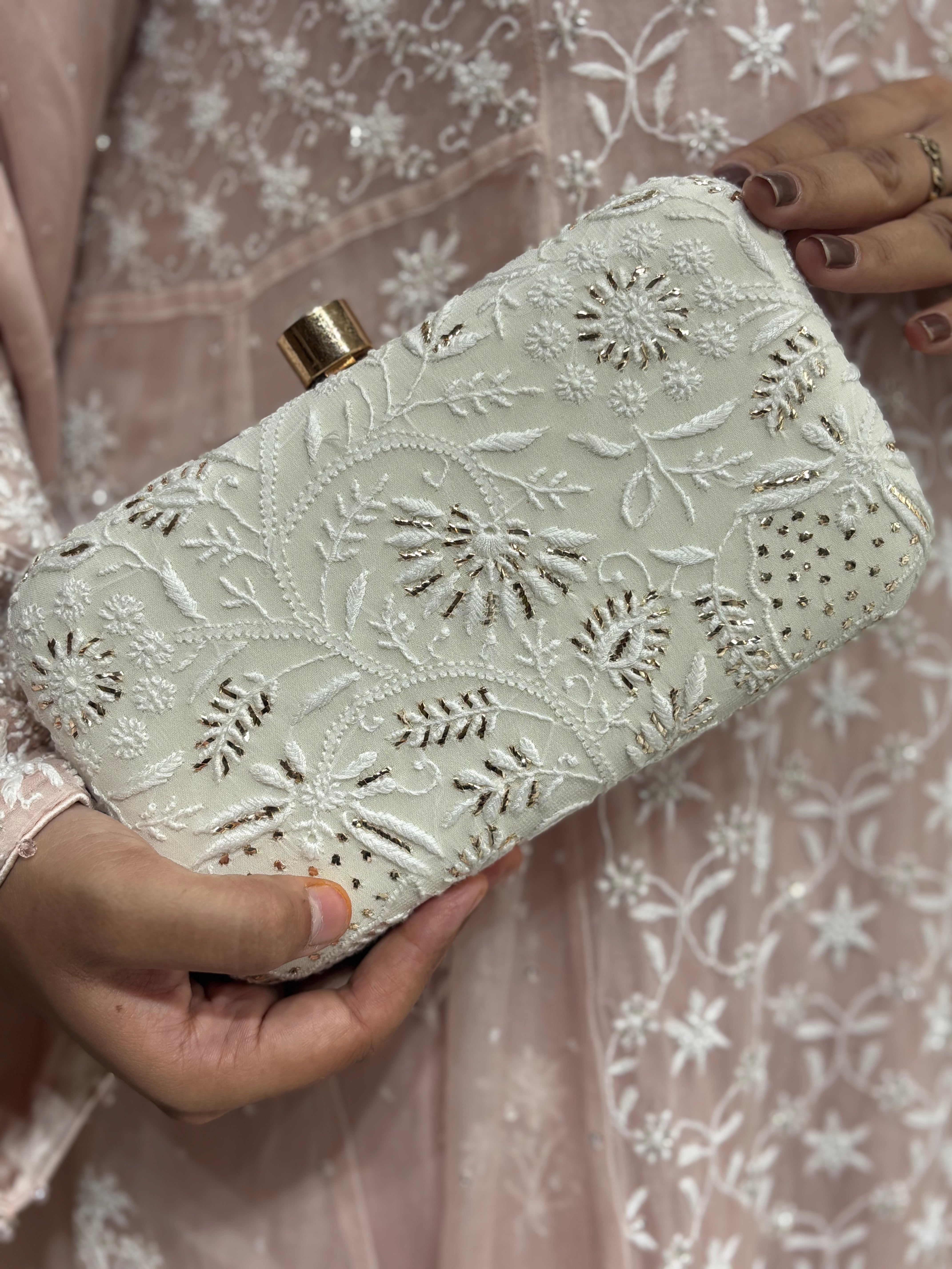 Off White Silk Chikankari Mukaish Clutch