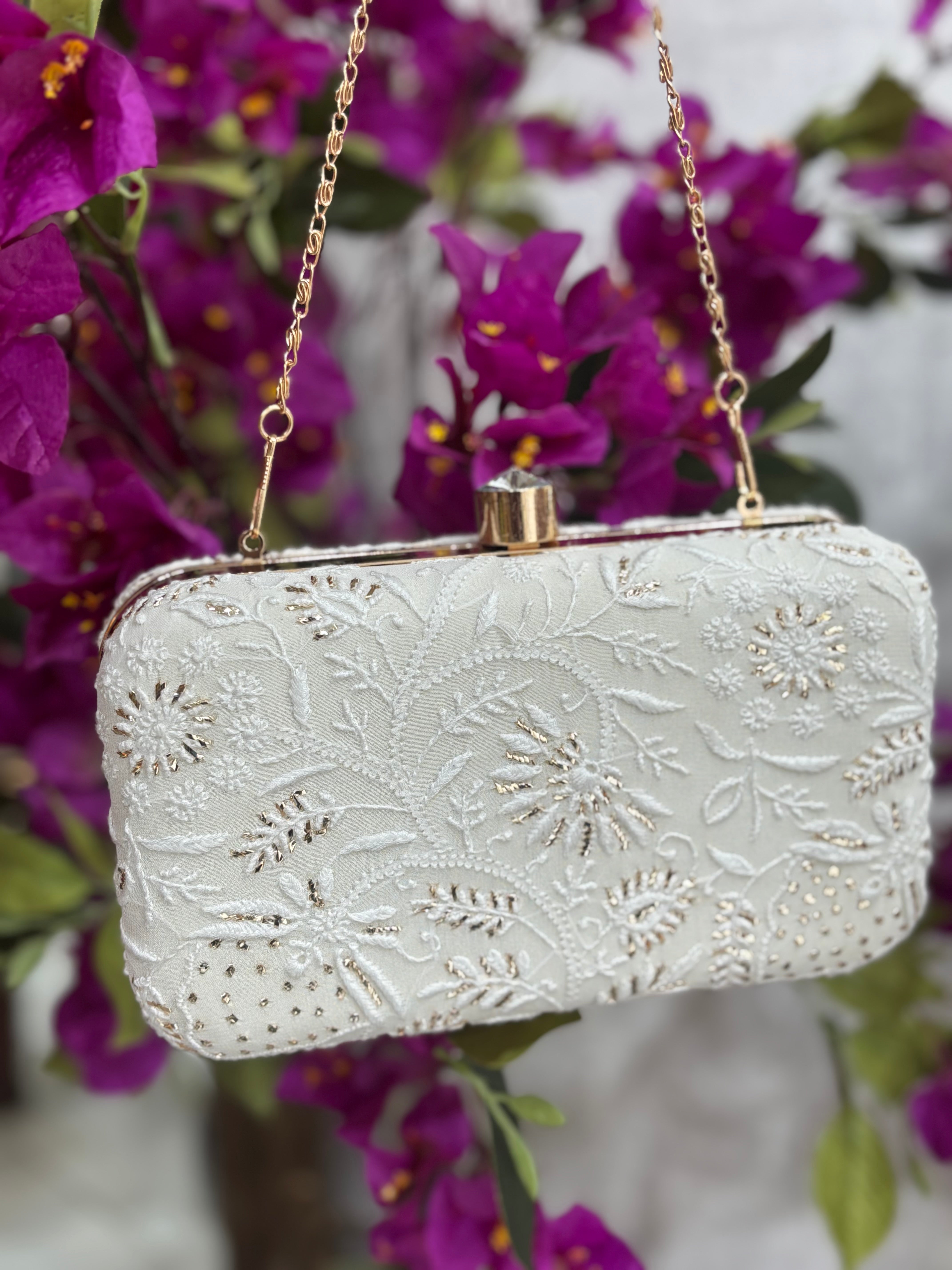 Off White Silk Chikankari Mukaish Clutch