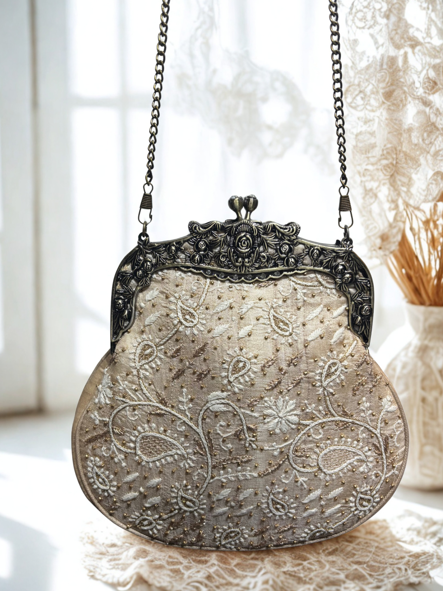 Beige Chikankari Clutch