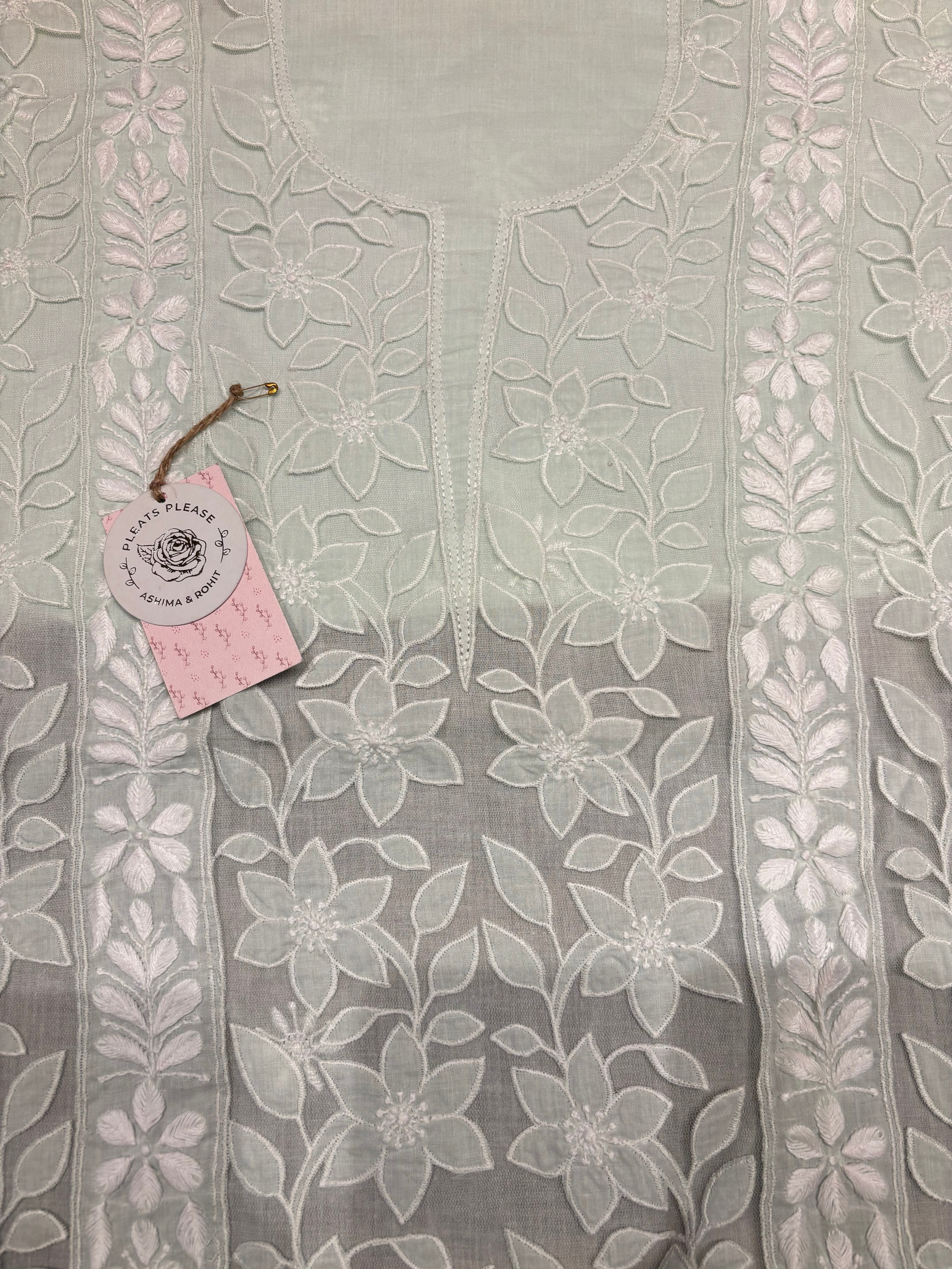 Sea Green Mulmul Soft Net Appliqué Chikankari Kurta And Dupatta Fabric