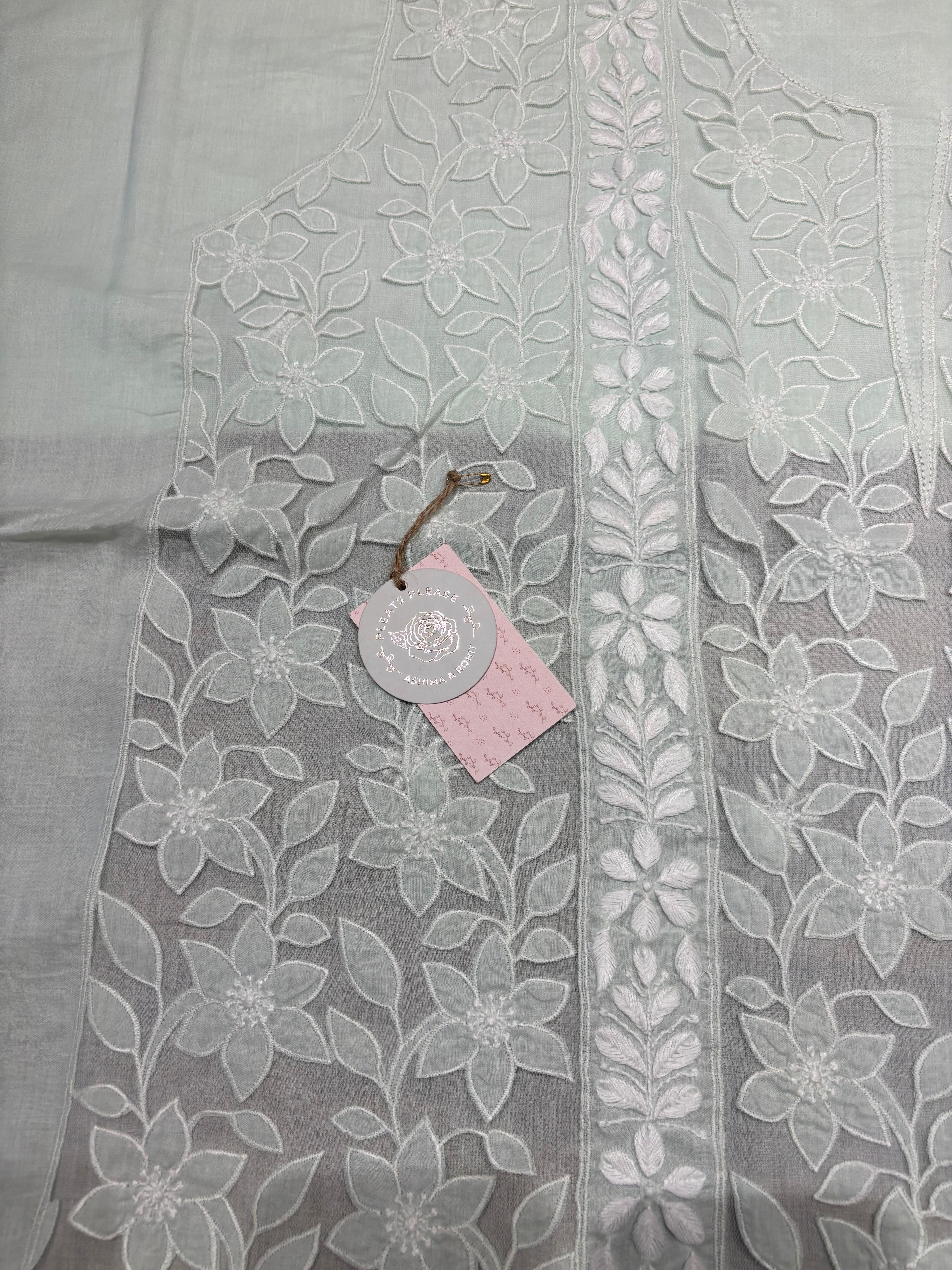 Sea Green Mulmul Soft Net Appliqué Chikankari Kurta And Dupatta Fabric